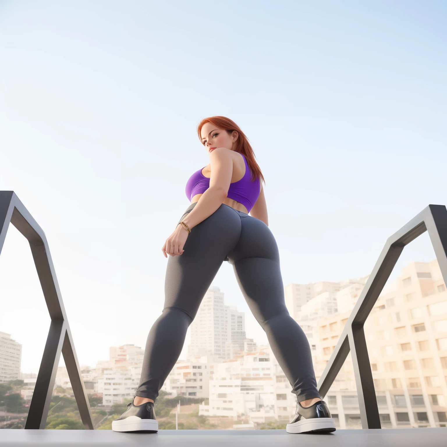 Big ass, Emma Stone, mulher White skin, cropped woman with tight black pants and a purple blouse standing on a railing, standing on the roof, standing em um telhado, apta, standing on the roof de um arranha-céu, Attractive physique, Mulher posando, em um telhado, pontes roxas com leggins, mulher em forma, look sexy at the camera, pose dominante sexy, pose muito sexy viewer above perspective. Thick legs.