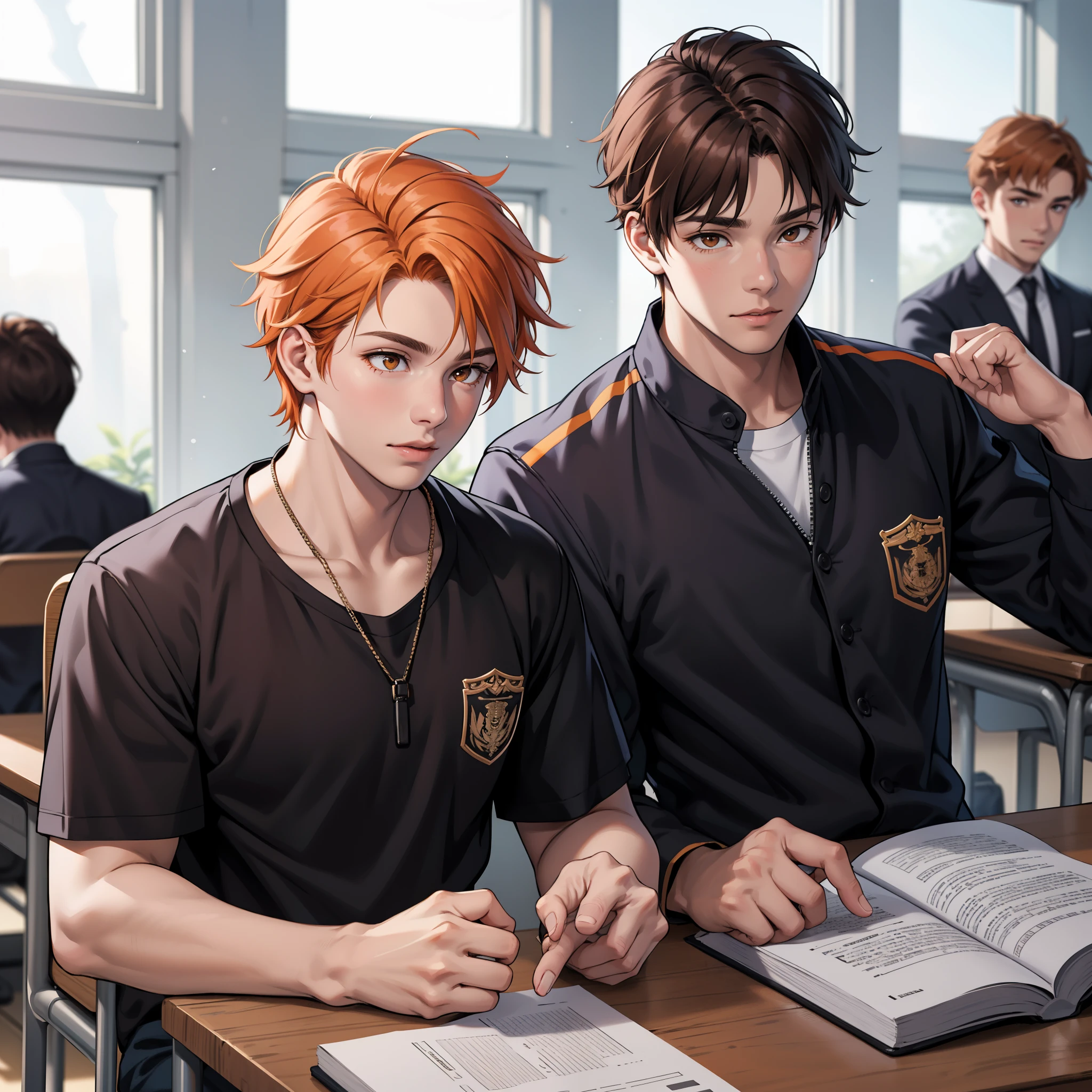 estan conversando sobre un secreto 15-year-old male adolescents with brown Latin skin and orange hair, estan en la escuela hablan preocupados sobre algo importante