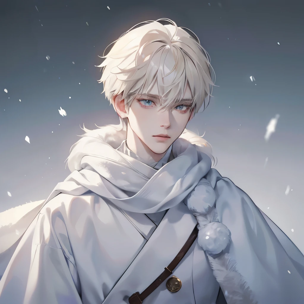 A male, face focus, face picture, snow background, pale blonde, pale skin, white eyes, white fur clothes, cold, clothes made of animal skin, Eskimo, furry scarf, ice age, albino, hauntingly pale, very fluffy clothes