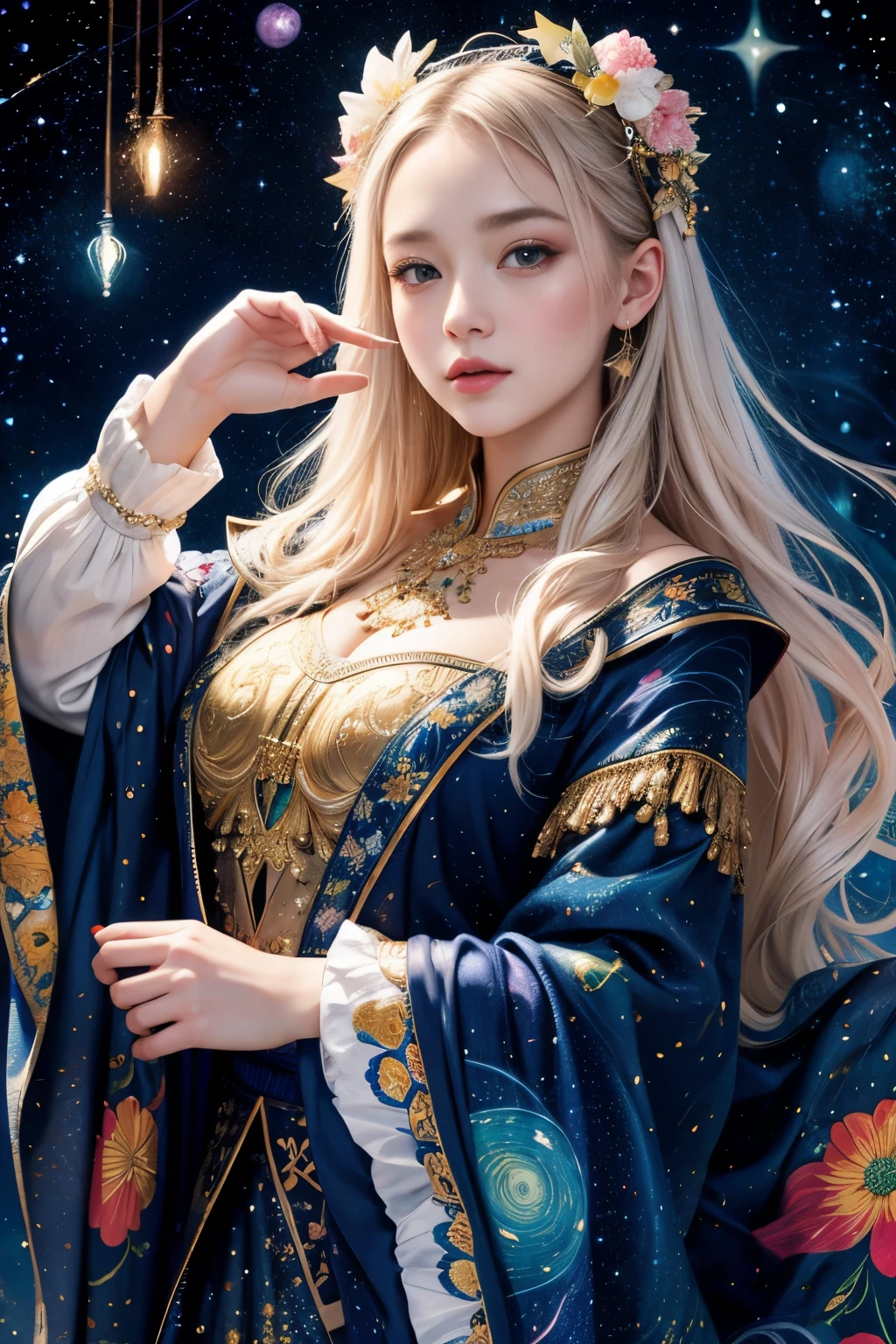 high quality, 8K Ultra HD, vivid colors, seamless patterns, fabric art, art station, starry night, many colorful and detailed designs combining magic and fantasy, Girl, splashes, aesthetic, white tone, photorealistic, ultra realistic, by yukisakura, impressive in full color.