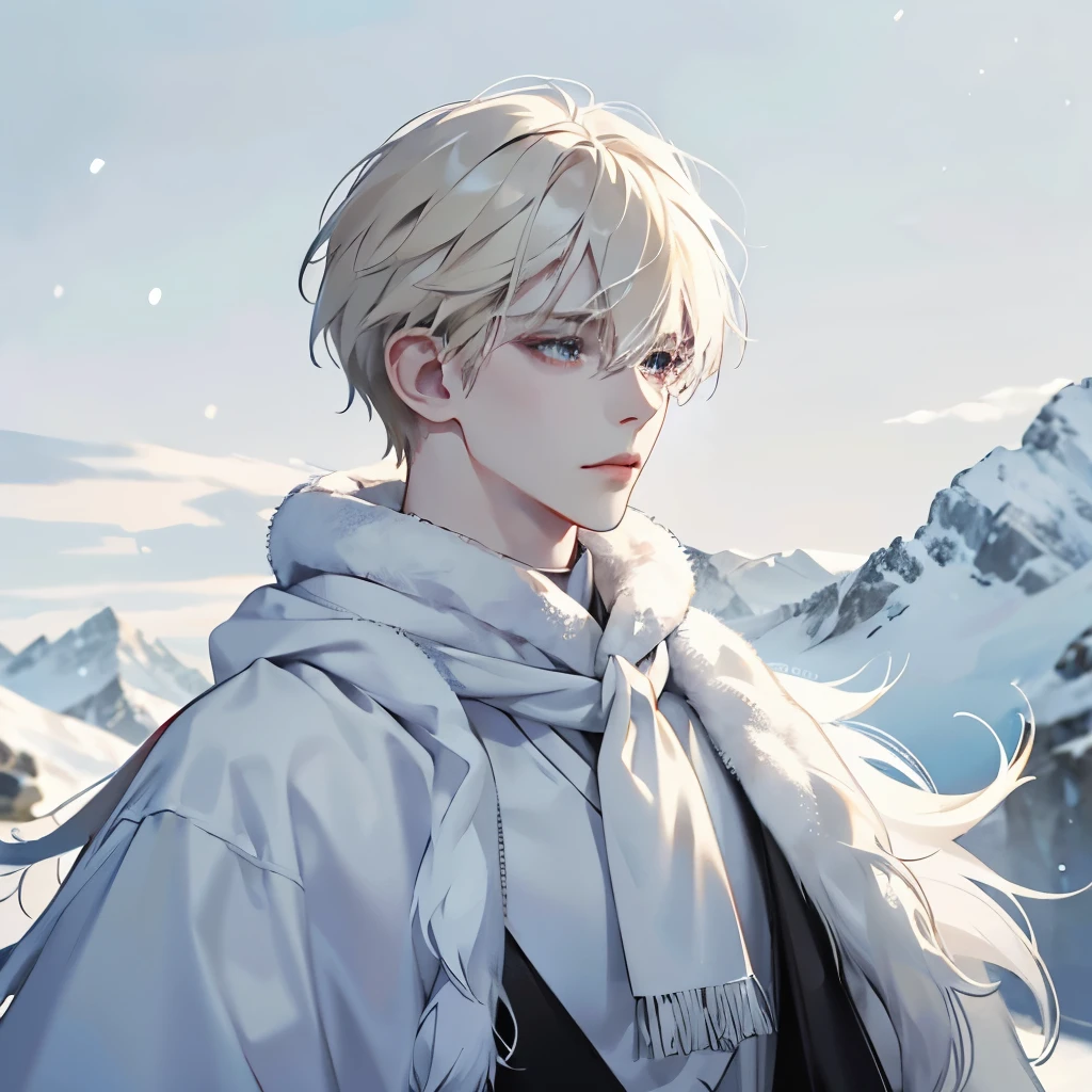 A male, face focus, face picture, snow background, pale blonde, pale skin, black eyes, white fur clothes, cold, clothes made of animal skin, Eskimo, furry scarf, ice age, albino, hauntingly pale, very fluffy clothes