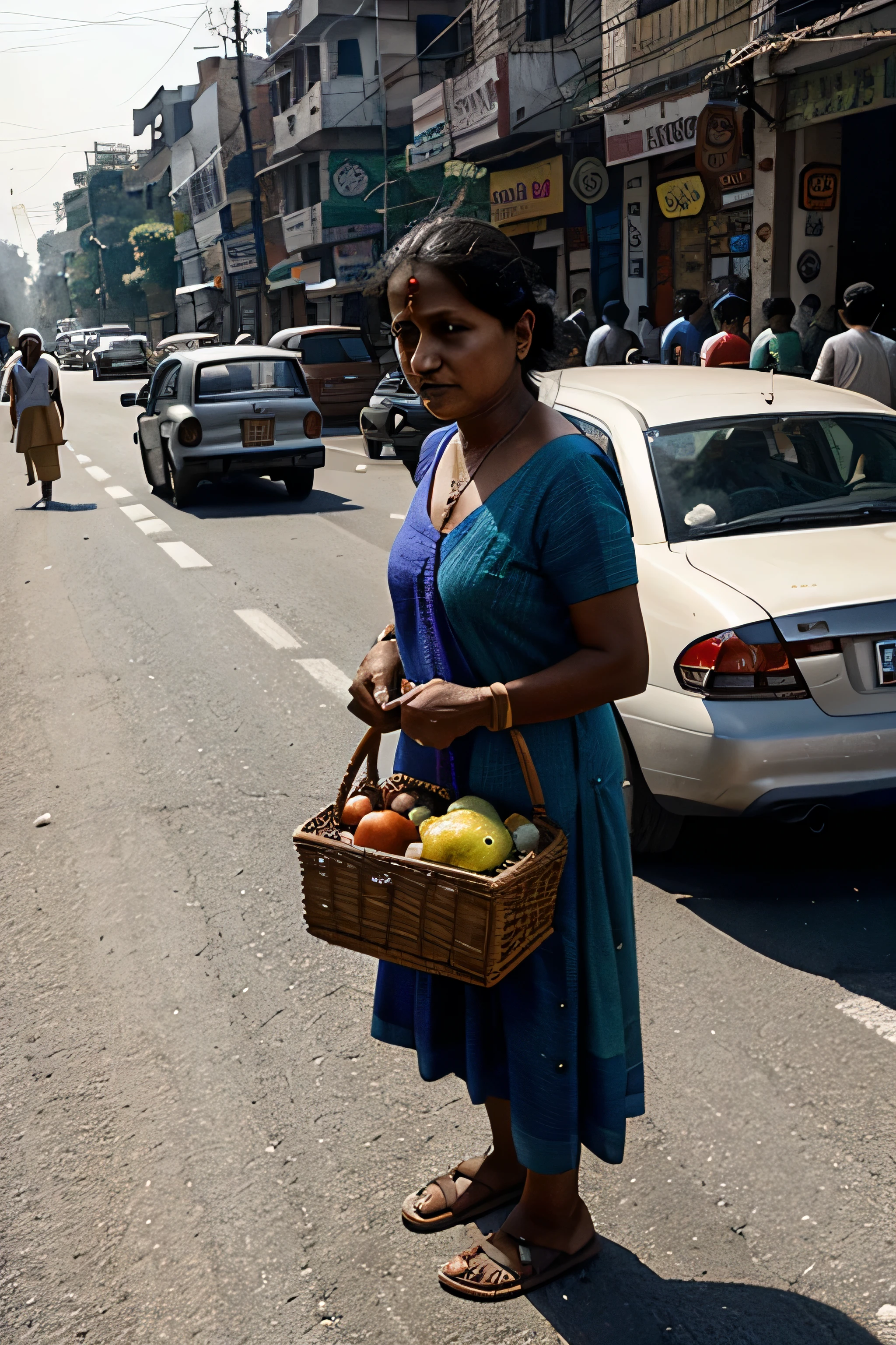 indian crowded city road with lots of small road side shops in the middle of road poor grandmother were struggling to collect the vegetables which fell down from her basket a  5 aged an kid were helping her to collect that peoples were scolding them from inside the car
