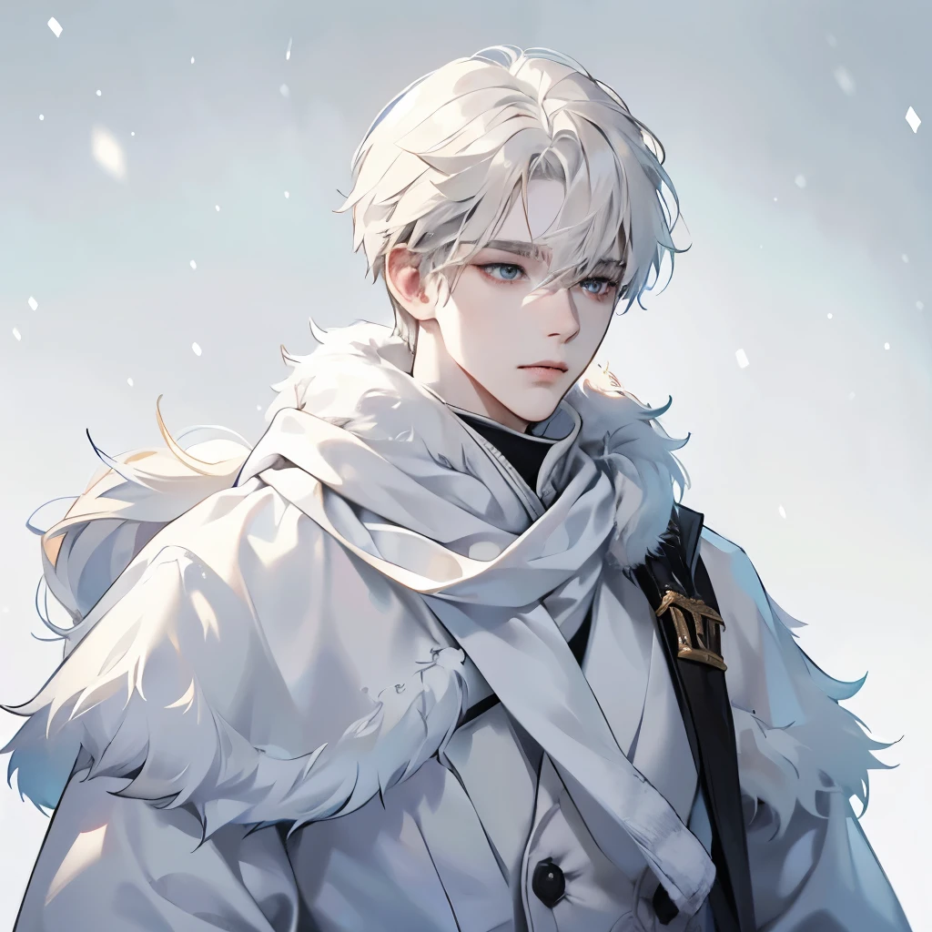 A male, face focus, face picture, snow background, pale blonde, pale skin, black eyes, white fur clothes, cold, clothes made of animal skin, Eskimo, furry scarf, ice age, albino, hauntingly pale, very fluffy clothes