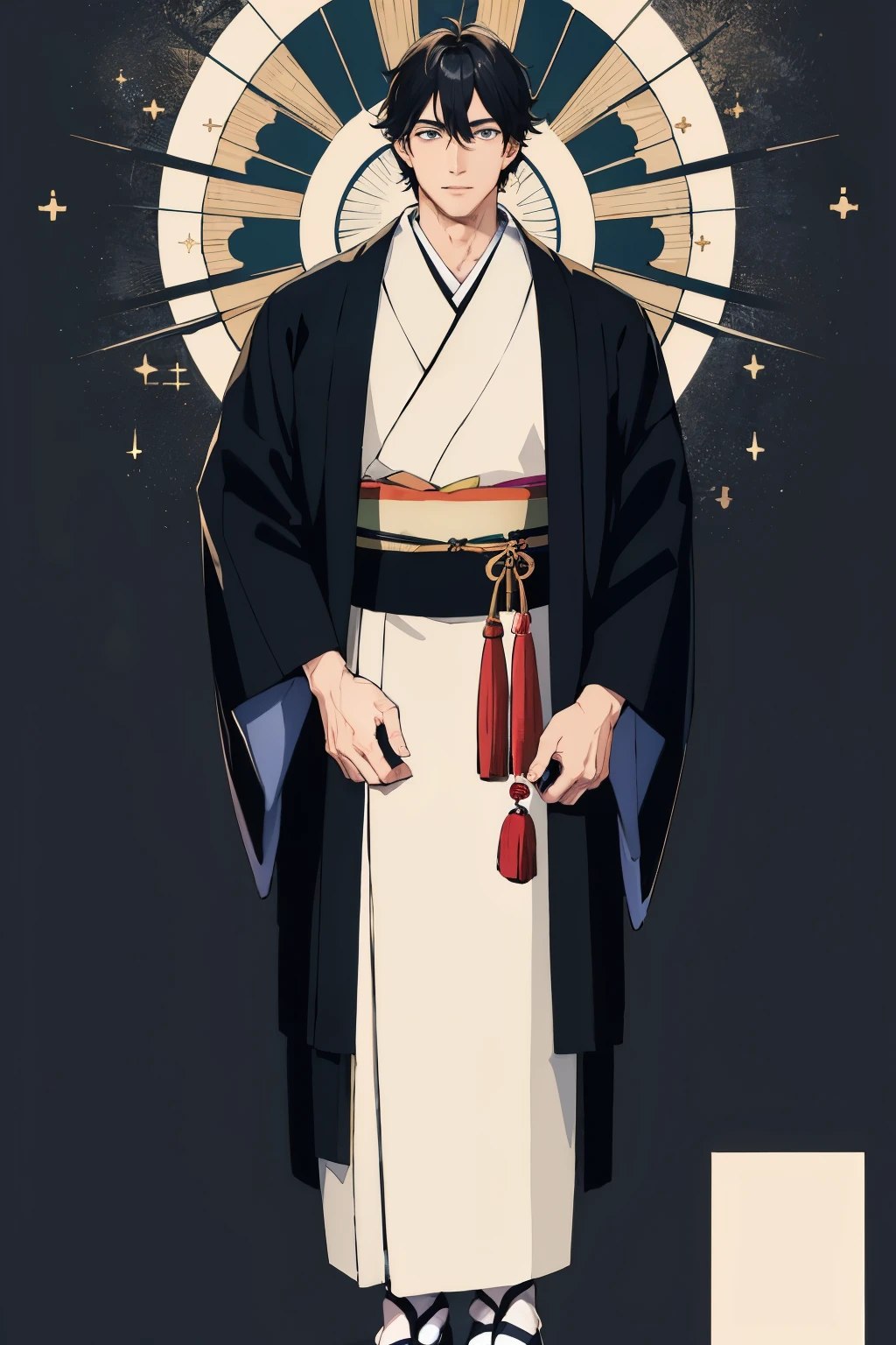 ((highest quality)), ((masterpiece)), (be familiar with), whole body, Are standing, めちゃくちゃbe familiar with, ultra high resolution, super detailed, highest quality, one man, adult male, Kimono wear for men, feet, black hair, perfectly symmetrical face, highly detailed eyes, perfect hands, Perfect body balance,