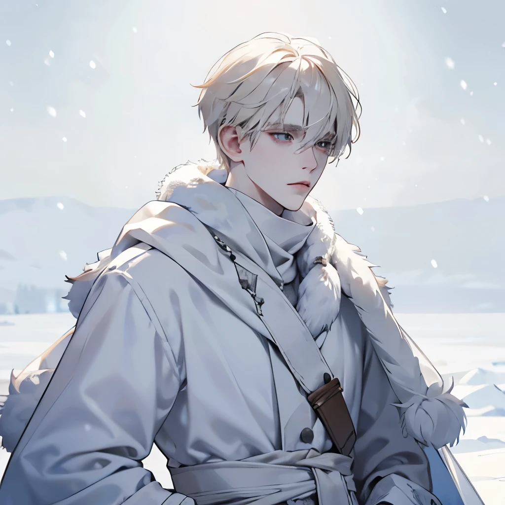 A male, face focus, face picture, snow background, pale blonde, pale skin, black eyes, white fur clothes, cold, clothes made of animal skin, Eskimo, furry scarf, ice age, albino, hauntingly pale, very fluffy clothes