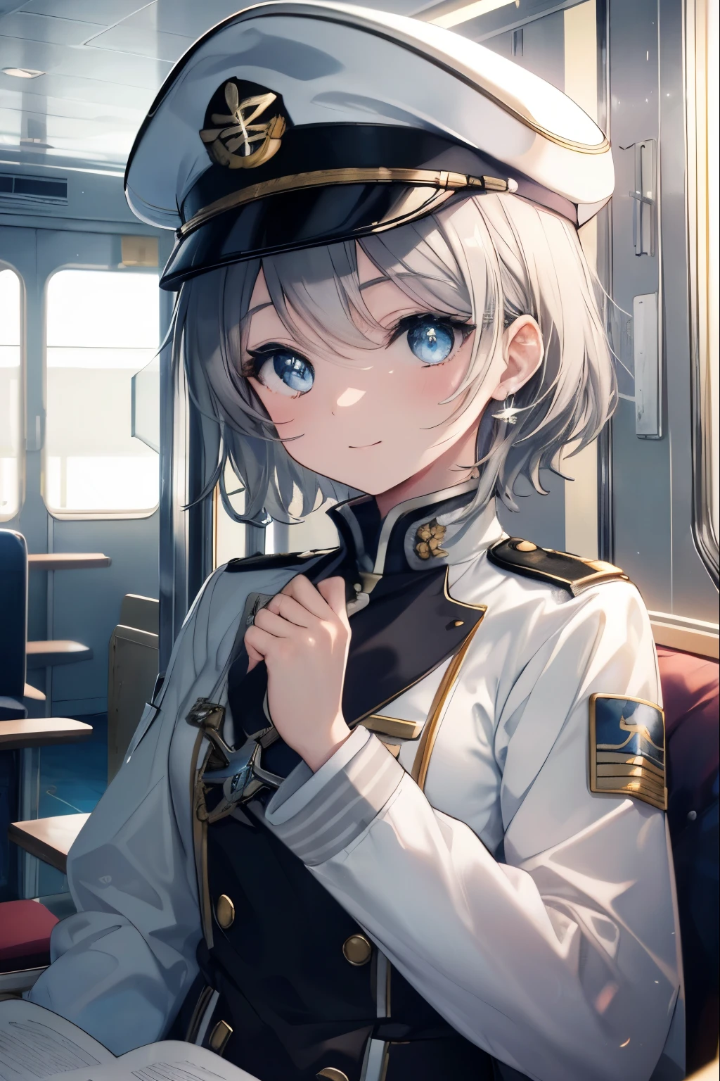 rikosakurauchi, riko sakurauchi, (blue eyes:1.5), hair between eyes, short hair, (Gray hair:1.5), (Medium chest:1.2), smile,(((Captain's white uniform))), (((Captain's Cap Ship White))), (clothing details:1.2), Ocean, cloud, Blue sky, smile, Inside a passenger ship,I&#39;m sitting cross-legged in the director&#39;s seat.,
break looking at viewer, 
break indoors, Inside a passenger ship, 
break (masterpiece:1.2), highest quality, High resolution, unity 8k wallpaper, (figure:0.8), (detailed and beautiful eyes:1.6), highly detailed face, perfect lighting, Very detailed CG, (perfect hands, perfect anatomy),