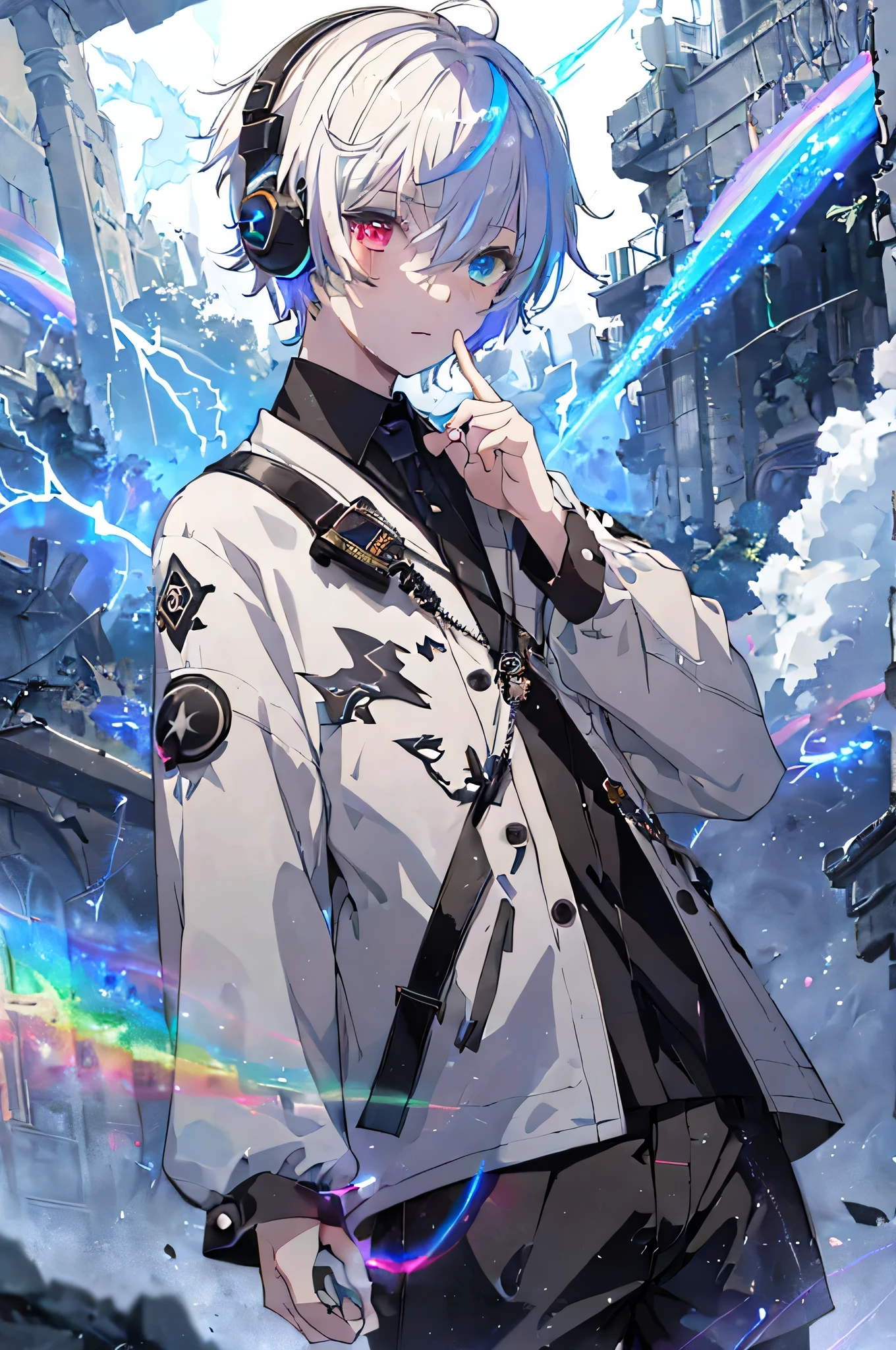 masterpiece, highest quality, 1 boy, colorful short hair, rainbow彩異色症, Black headphones, Ancient clothing, shorts, release of aura, rainbow, chaos, lightning, shine, Dynamic illustrations, delicate face, delicate illustrations, good hand, good fingers, delicate hands, delicate fingers, 8k, delicate details,