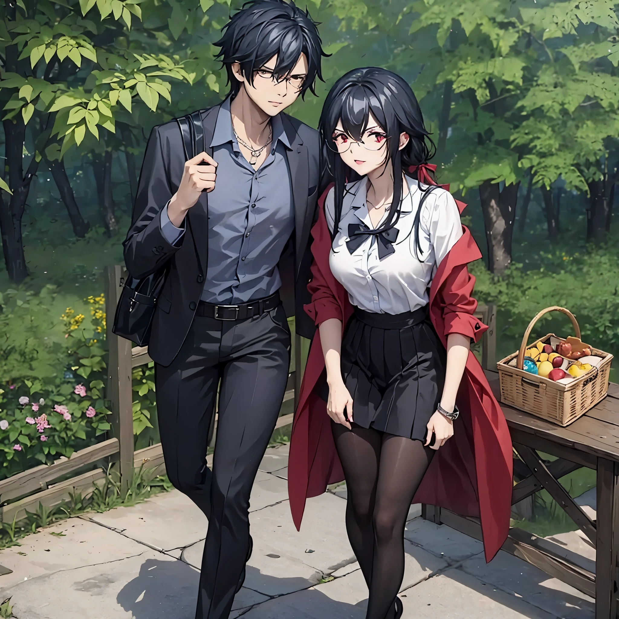 a man next to a woman(red eye) in casual clothes, on a picnic
