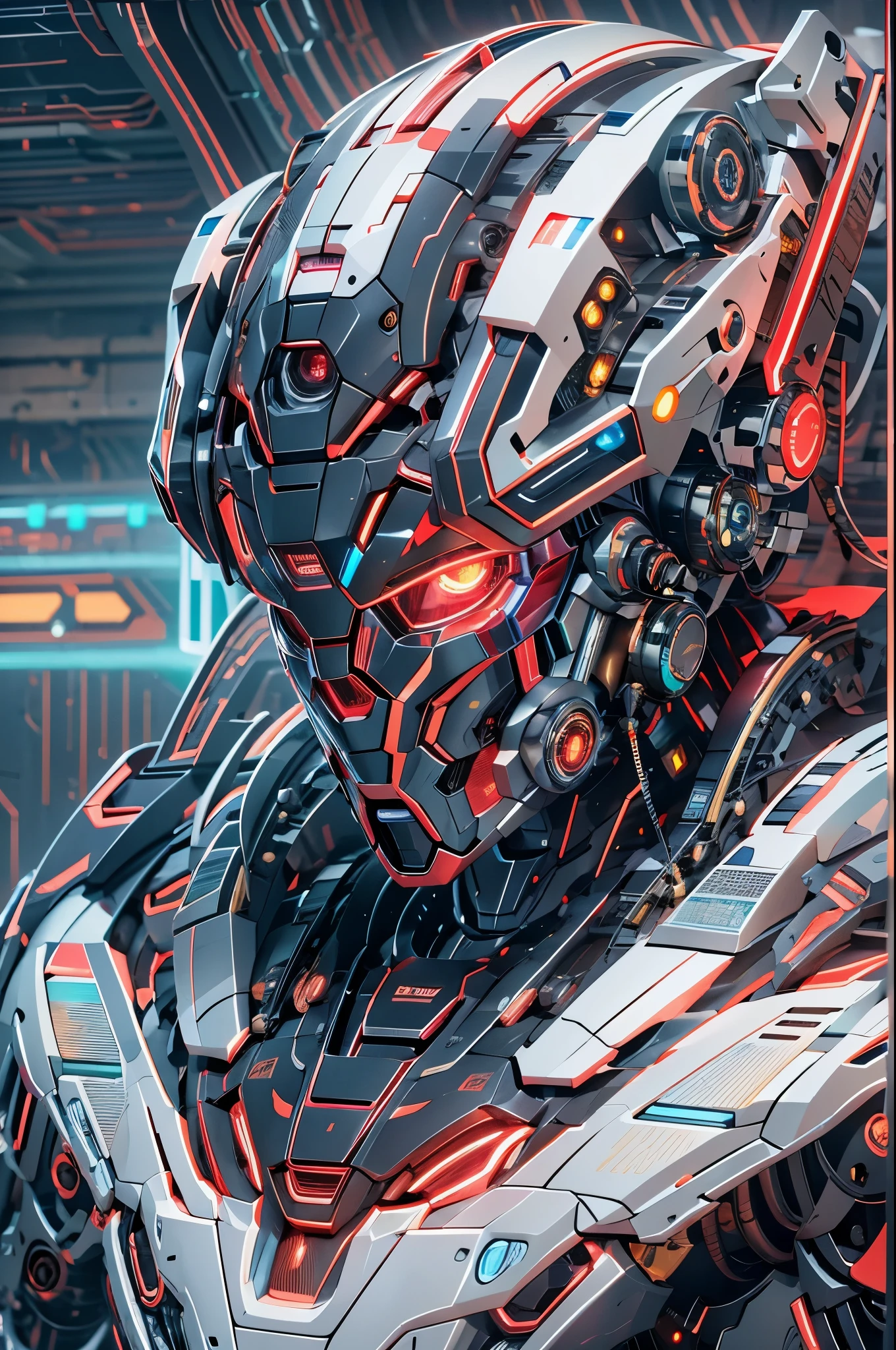 best quality，masterpiece，8k，robot,cable,Mecha,Full mecha,Close ups, cyberpunk, cyborg,Full body multiple light sources,The luminous display screen on the forehead,Multi camera structure mecha,Multi light source mecha,A multi edged mecha,Red and blue light source mecha,White and black mecha,Super complex head structure,Super complex mechanical structure, glowing, glowing eyes, machinery, mecha, realistic, robot, science fiction, solo