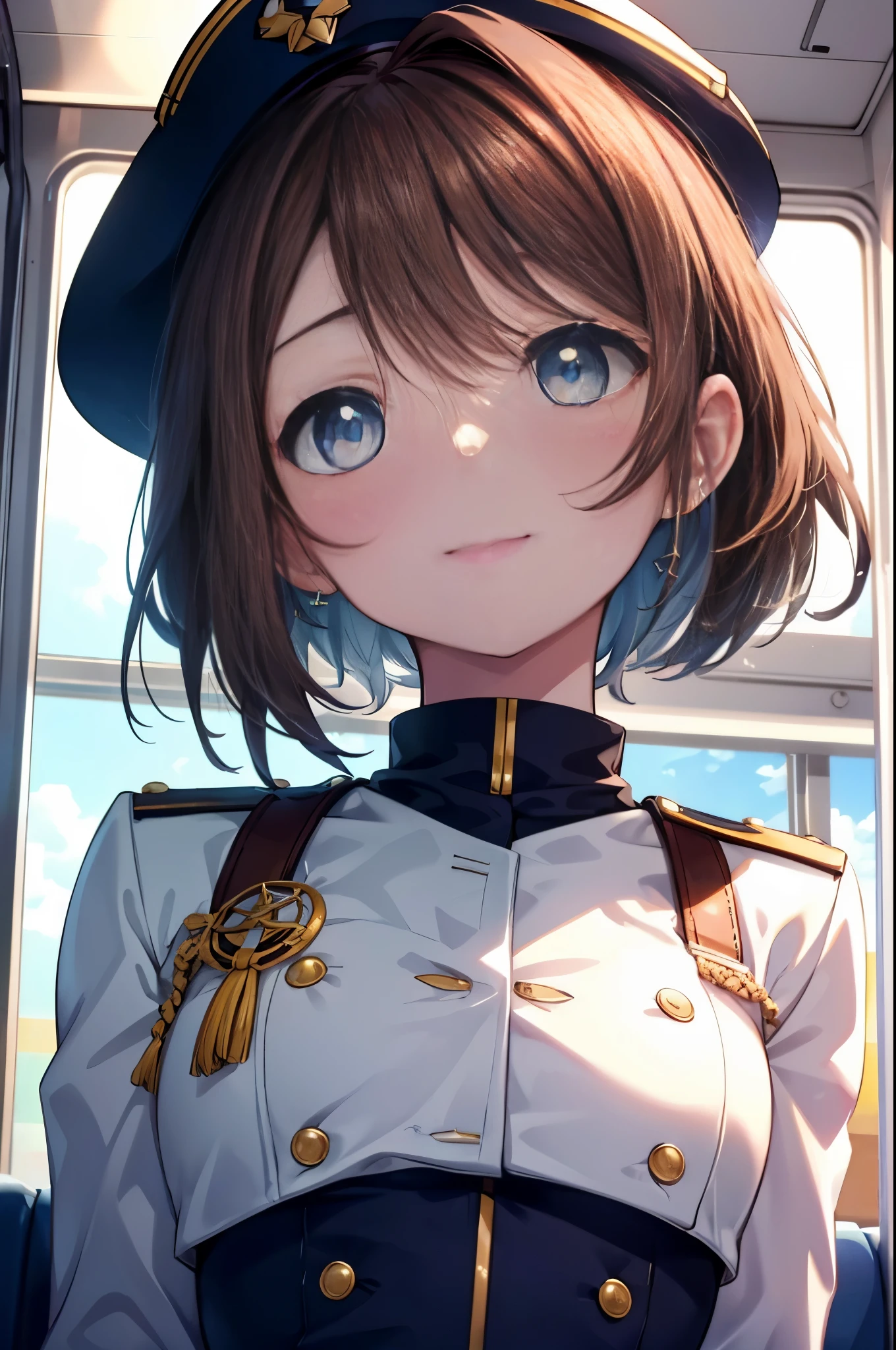 rikosakurauchi, riko sakurauchi, (blue eyes:1.5), hair between eyes, short hair, (Brown hair:1.5), (Medium chest:1.2), smile,(((Captain's white uniform))), (((Captain's Cap Ship White))), (clothing details:1.2), Ocean, cloud, Blue sky, smile, Inside a passenger ship,I'm sitting cross-legged in the director's seat.,
break looking at viewer, whole body,
break indoors, Inside a passenger ship,
break (masterpiece:1.2), highest quality, High resolution, unity 8k wallpaper, (figure:0.8), (detailed and beautiful eyes:1.6), highly detailed face, perfect lighting, Very detailed CG, (perfect hands, perfect anatomy),