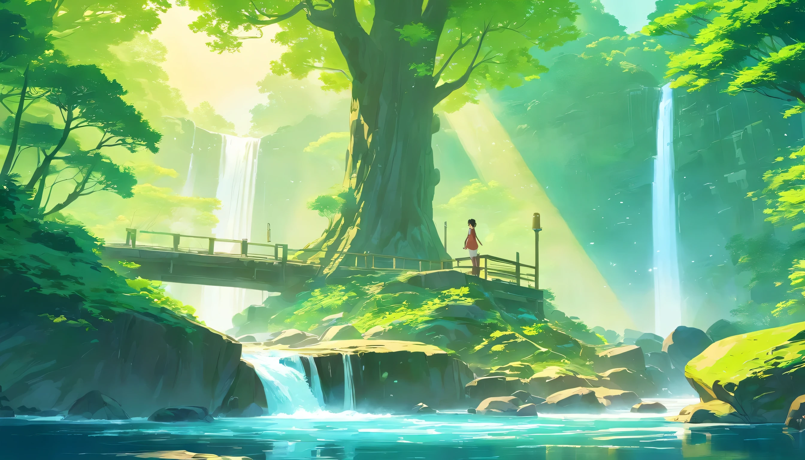 Chinese Landscape Ink Painting low Angle Perspective OC Rendered Sculpture, green forest, one big tree on side, waterfall and river on side, morning vibes with sun, 4K