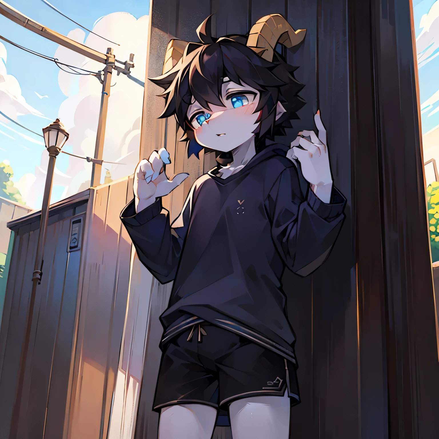 Bright outside，Goat Boy，goat horns，male focus，furry men，furry，Furry Shota，One meter six height，black hair，Bright Eyes，blue pupils，long sleeve coat，t-shirt，shorts
