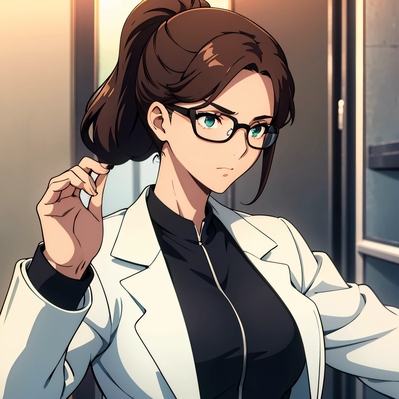 1cool,beautiful,young lady.She has a strong and serious personality.she is wearing glasses.She has brown hair,half updo,low long ponytail,emerald eyes.skin like white porcelain,1960s,wearing a white coat in the laboratory