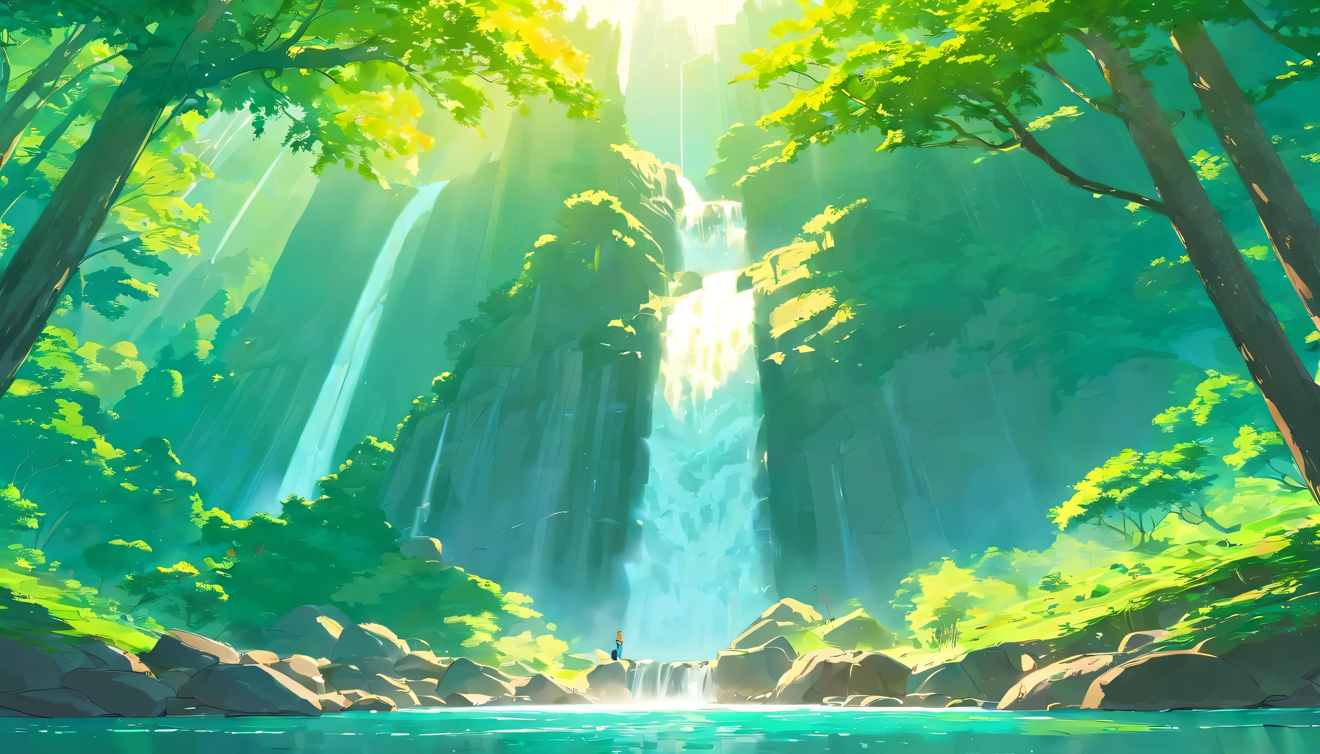 Chinese Landscape Ink Painting low Angle Perspective OC Rendered Sculpture, green forest, one big tree on side, waterfall and river on side, morning vibes with sun, 4K