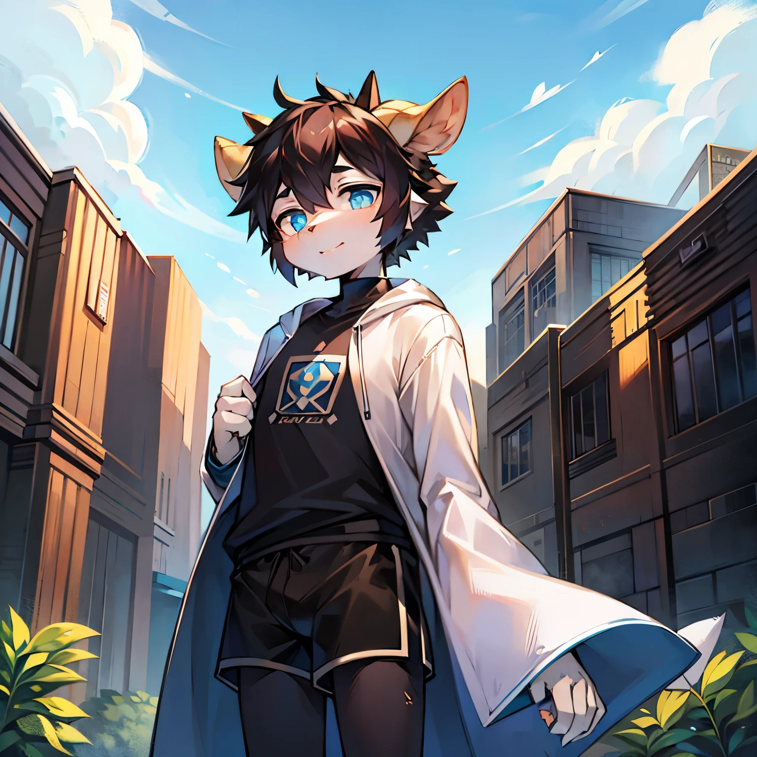 Bright outside,Goat Boy,goat horns,male focus,furry men,furry,Furry Shota,One meter six height,black hair,Bright Eyes,blue pupils,long sleeve coat,t-shirt,shorts
