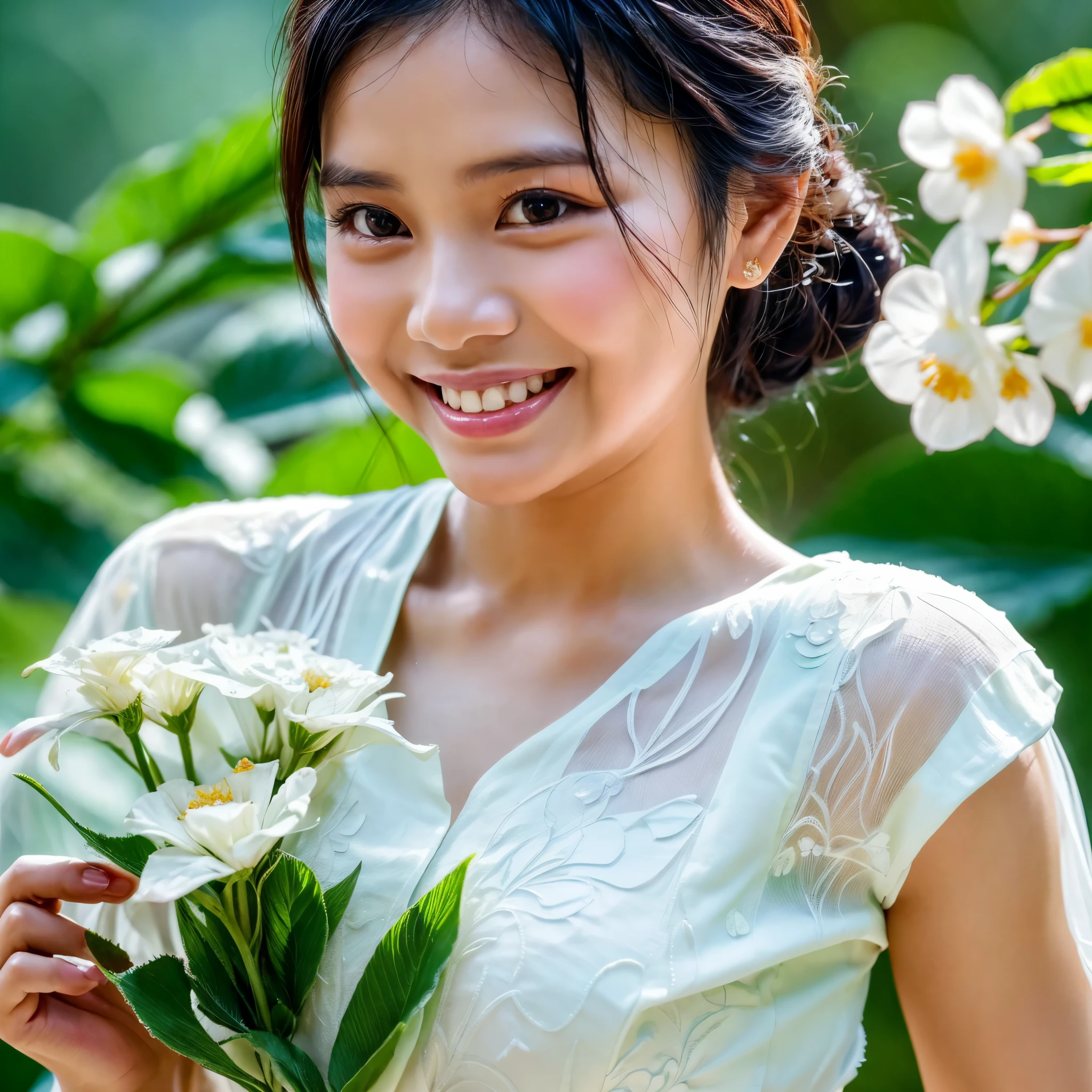 a Indonesian women wearing white kebaya, cute smile, holding flowers and there are Butterfly, his body is wet from the rain, photography, macro camera, UHD 16k, detail, masterpiece. focus on face