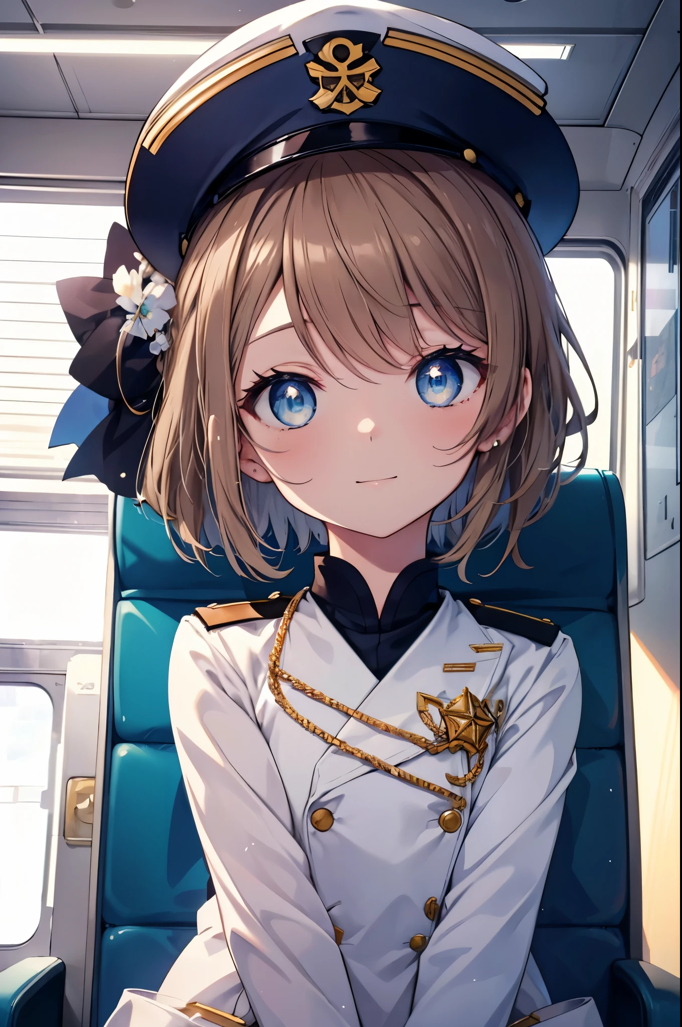 rikosakurauchi, riko sakurauchi, (blue eyes:1.5), hair between eyes, short hair, (light brown hair:1.5), (Medium chest:1.2), smile,(((Captain's white uniform))), (((Captain's Cap Ship White))), (clothing details:1.2), Ocean, cloud, Blue sky, smile, Inside a passenger ship,I&#39;m sitting cross-legged in the director&#39;s seat.,
break looking at viewer, whole body,
break indoors, Inside a passenger ship, 
break (masterpiece:1.2), highest quality, High resolution, unity 8k wallpaper, (figure:0.8), (detailed and beautiful eyes:1.6), highly detailed face, perfect lighting, Very detailed CG, (perfect hands, perfect anatomy),