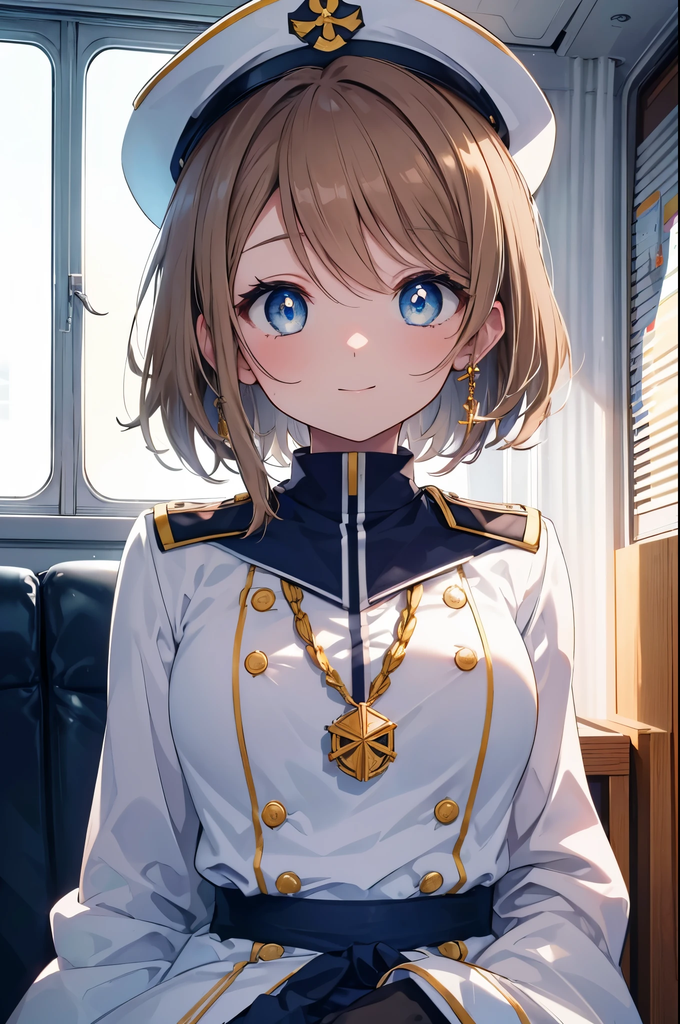 rikosakurauchi, riko sakurauchi, (blue eyes:1.5), hair between eyes, short hair, (light brown hair:1.5), (Medium chest:1.2), smile,(((Captain's white uniform))), (((Captain's Cap Ship White))), (clothing details:1.2), Ocean, cloud, Blue sky, smile, Inside a passenger ship,I&#39;m sitting cross-legged in the director&#39;s seat.,
break looking at viewer, whole body,
break indoors, Inside a passenger ship, 
break (masterpiece:1.2), highest quality, High resolution, unity 8k wallpaper, (figure:0.8), (detailed and beautiful eyes:1.6), highly detailed face, perfect lighting, Very detailed CG, (perfect hands, perfect anatomy),