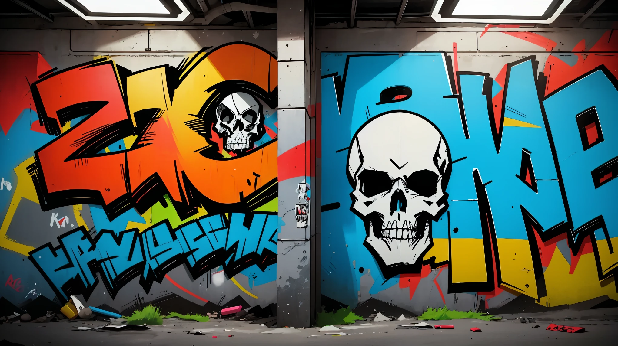 (8K, RAW photo, highest quality, masterpiece:1.2), High-definition RAW color photo, Professional photography, cinematic light,graffiti comics, Bright colors, bold typography, detailed skull illustration, Comic style shading, spray paint effect, cartoon elements, Skeleton illustration, Piers with colorful letters and illustrations, urban background.
