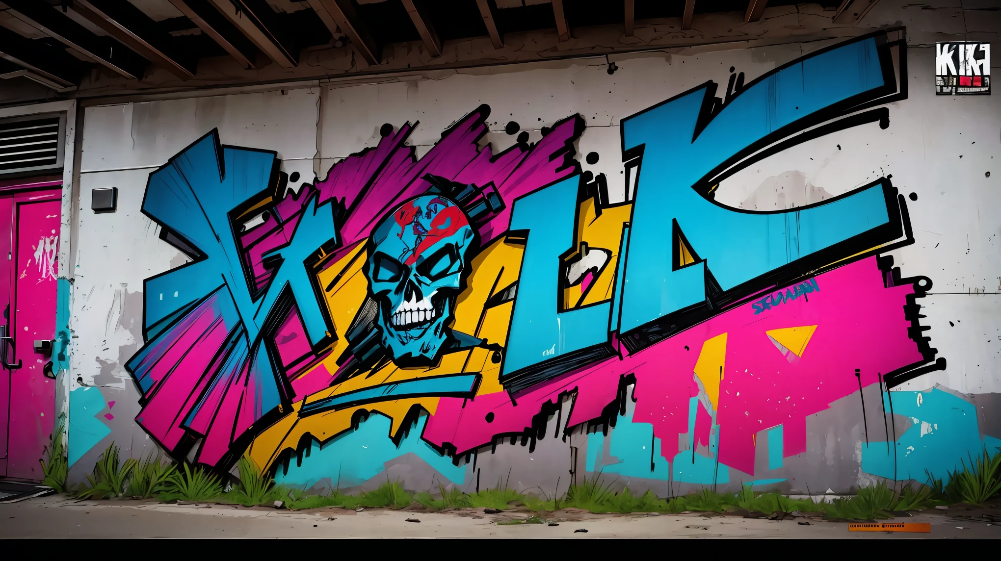 (8K, RAW photo, highest quality, masterpiece:1.2), High-definition RAW color photo, Professional photography, cinematic light,graffiti comics, Bright colors, bold typography, detailed skull illustration, Comic style shading, spray paint effect, cartoon elements, Skeleton illustration, Piers with colorful letters and illustrations, urban background.