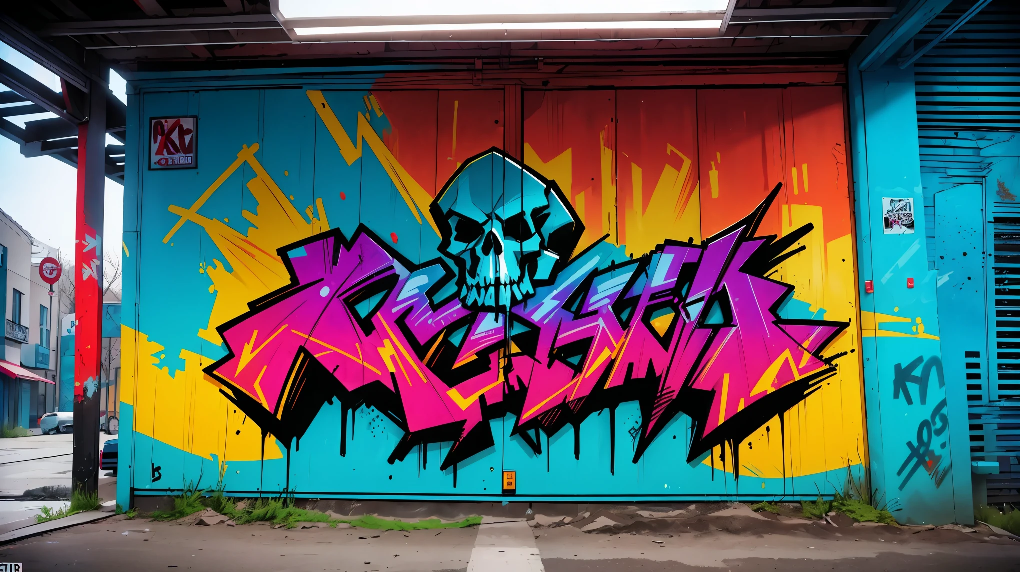 (8K, RAW photo, highest quality, masterpiece:1.2), High-definition RAW color photo, Professional photography, cinematic light,graffiti comics, Bright colors, bold typography, detailed skull illustration, Comic style shading, spray paint effect, cartoon elements, Skeleton illustration, Piers with colorful letters and illustrations, urban background.