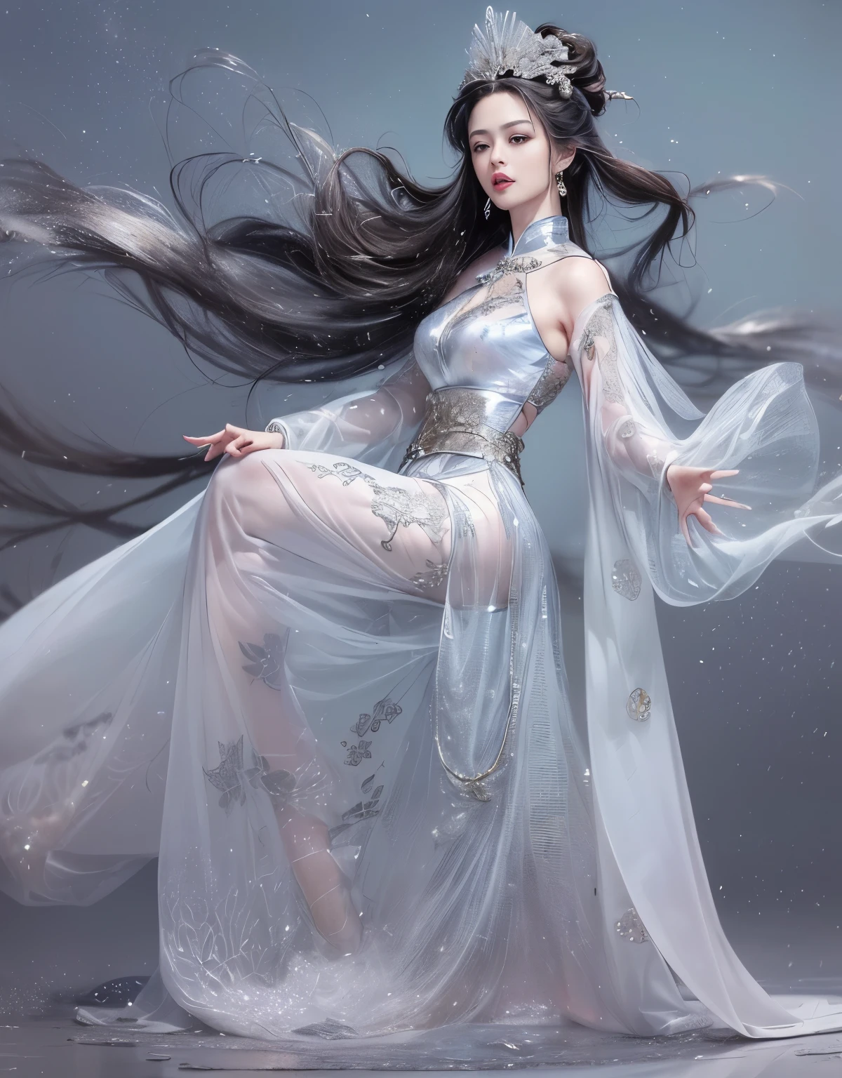 (Beautiful model of Diao Chan in Chinese epic drama, beautiful long hair), alone, ((The face is 80% beauty and elegance, 20% pretty and cute:1.5)), (Her roots are in Eastern Europe and Asia), clear eyes, (delicate eyes, light brown eyes, bright pupils), double eyelids, (Sexy lips are a bit thick:1.2), super detailed and incredibly high resolution shiny silver water sleeve costume, Highly detailed facial textures, (Exude confidence:1.25), striking body shape, curvy and very attractive woman, (Postures that emphasize body shape:1.4), High resolution RAW color photos professional photos, rest ultra high-resolution skin textures, High resolution human body rendering, big eyes, An unparalleled masterpiece, Incredibly high resolution, super detailed, skin shiny, Dentate skin, gaze, Stunning ceramic skin, rest Costume is (elaborate and gorgeous Chinese classical dance shiny silver water sleeve costume:1.5) and ((Transparent shiny silver dress dancing in the wind:1.5)), (Main color is shiny silver:1.5), (Classical Chinese dance costumes with elaborate and graceful decorations:1.5), (Glittering ornaments such as necklaces and bangles), (light snow night,Dancing under the moonlight:1.5), rest ((Costume fluttering and fluttering by right rotational movement:1.5)), ((Hair flows in a right-handed rotary motion:1.5)), rest ((best quality, 8k)), Clear focus:1.2, (layered cutting, big deal:1.2), (Beautiful woman with perfect body:1.4), (Beautifully shaped and big breasts:1.3), Slim abs、wet:1.5, (Correct hand shape:1.5), (NSFW:0.5)