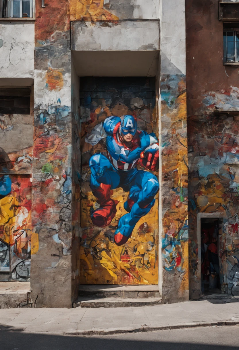 ((grafitti on the wall)), grafitti, extreme, comic marvel avengers, detailed, cinematic , on urban street, people walking through, kids and parents, urban , suburban, depth