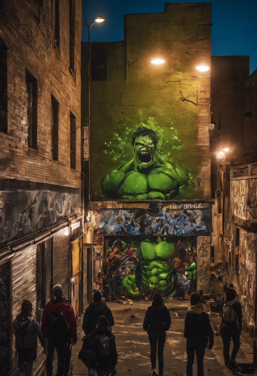 photography, night, neon, on a crowd street, top view, ((glowing grafitti on the wall)), grafitti, extreme, comic marvel avengers, Hulk vs Ironman, detailed, cinematic , on urban street, people walking through, kids and parents, urban , suburban, depth