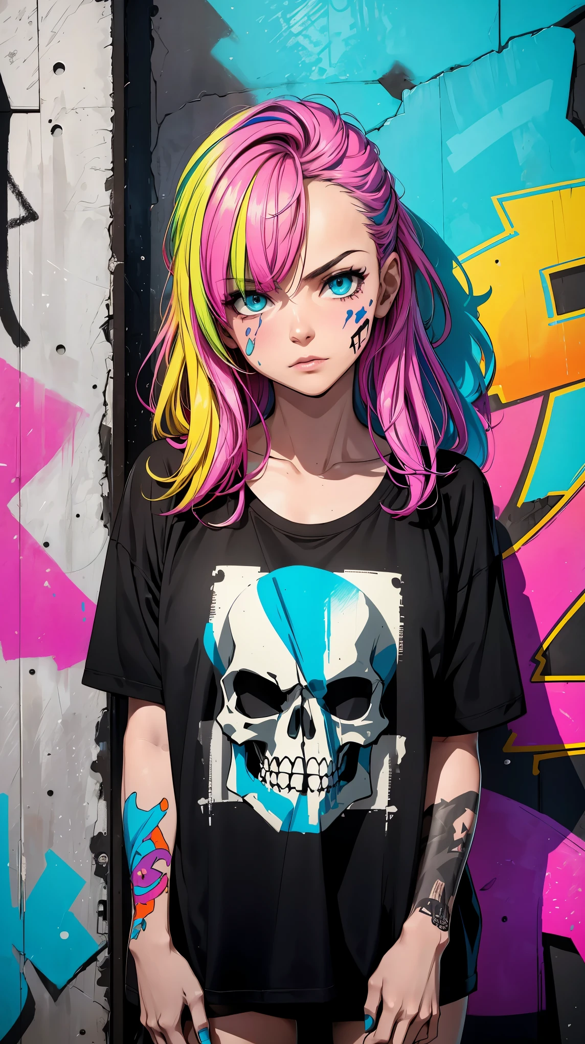 (8K, RAW photo, highest quality, masterpiece:1.2), High-definition RAW color photo, Professional photography, cinematic light,graffiti comics, Bright colors, bold typography, A woman wearing a T-shirt with an illustration on it, detailed skull illustration, Comic style shading, spray paint effect, cartoon elements, Skeleton illustration, Piers with colorful letters and illustrations, urban background.