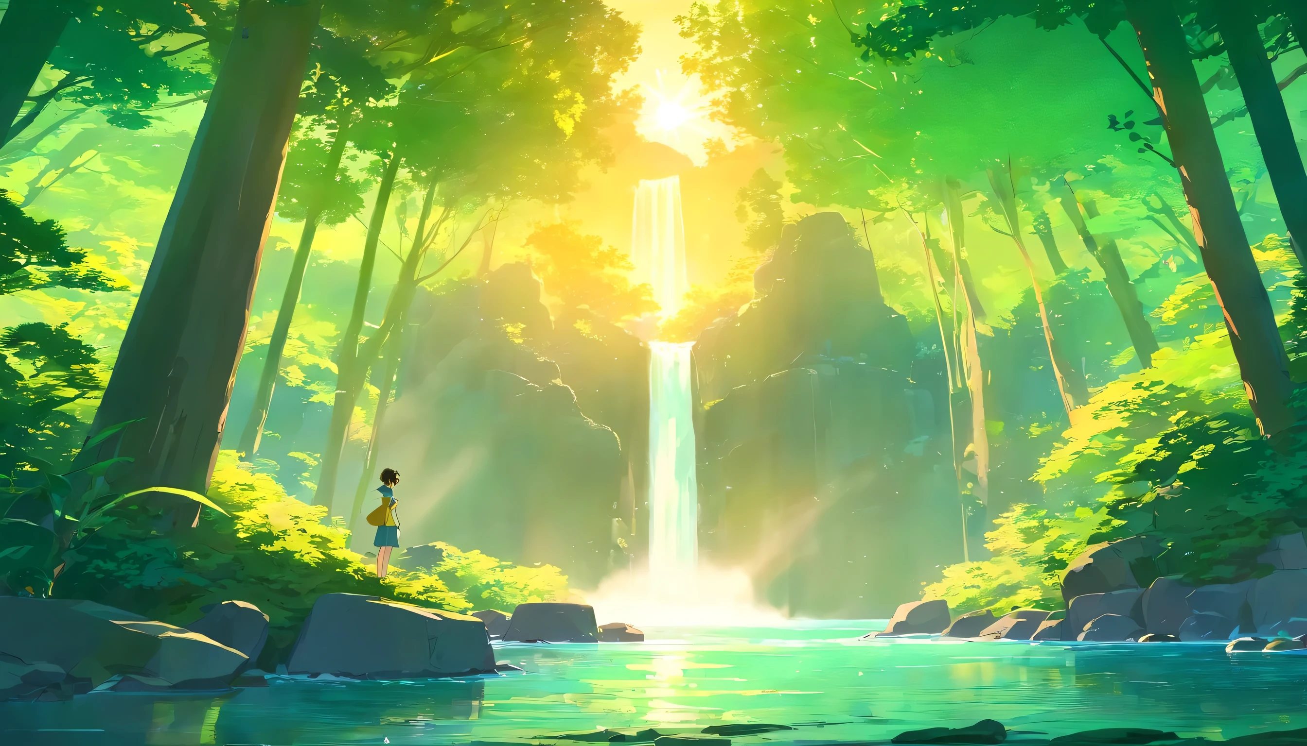 Chinese Landscape Ink Painting low Angle Perspective OC Rendered Sculpture, green forest, one big tree on side, waterfall and river on side, sunset vibes with sun, 4K