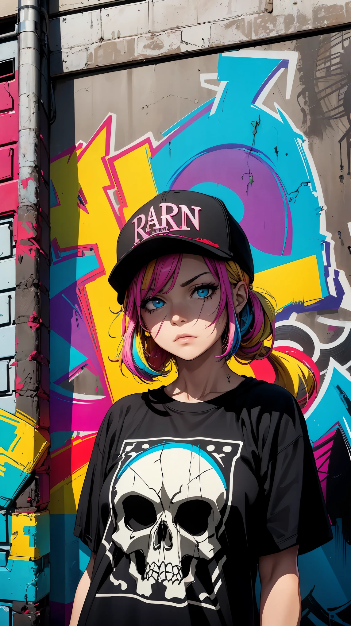 (8K, RAW photo, highest quality, masterpiece:1.2), High-definition RAW color photo, Professional photography, cinematic light,graffiti comics, Bright colors, bold typography, A woman wearing a T-shirt with an illustration on it, detailed skull illustration, Comic style shading, spray paint effect, cartoon elements, Skeleton illustration, Piers with colorful letters and illustrations, urban background.