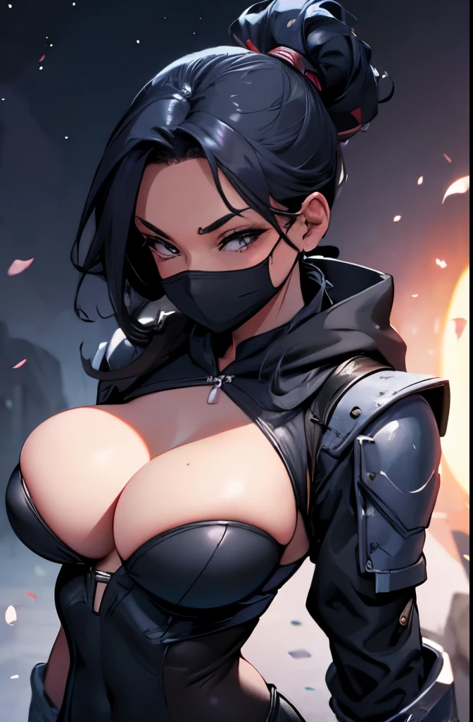 Beautiful girl, ninja, ninja costume, night, moonlit night, cherry blossom blizzard, big breasts, cleavage, sexy,