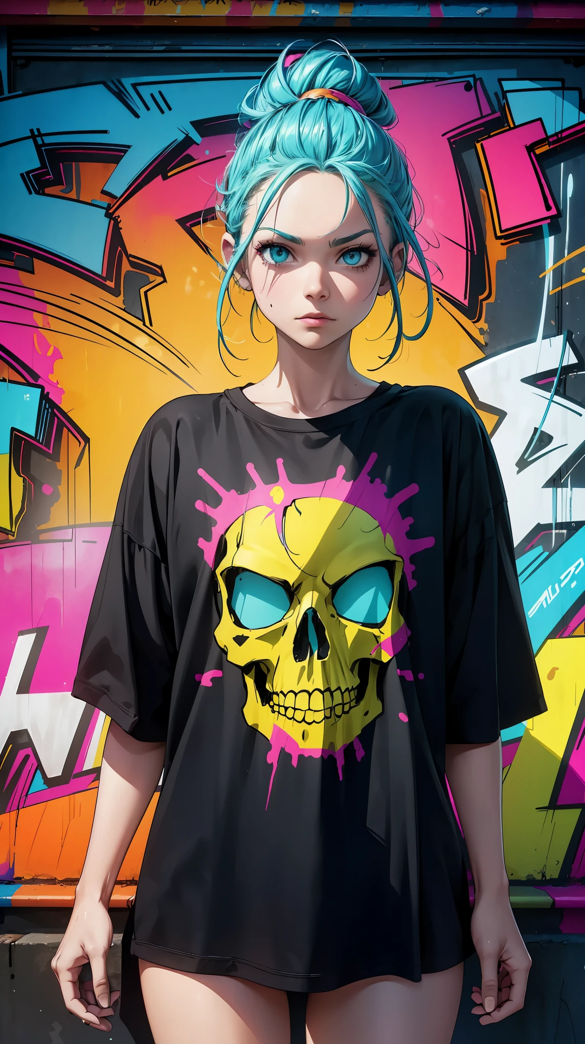 (8K, RAW photo, highest quality, masterpiece:1.2), High-definition RAW color photo, Professional photography, cinematic light,graffiti comics, Bright colors, bold typography, A woman wearing a T-shirt with an illustration on it, detailed skull illustration, Comic style shading, spray paint effect, cartoon elements, Skeleton illustration, Piers with colorful letters and illustrations, urban background.