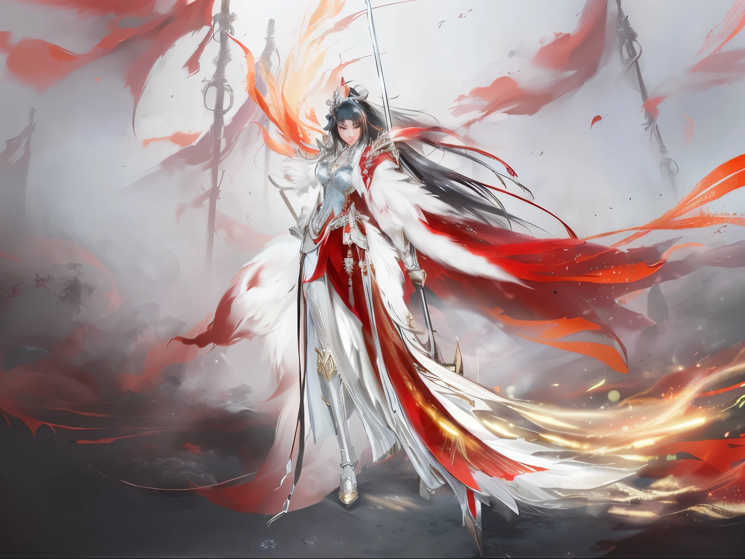 Mulan in gorgeous armor costume,full body portrait,Game character design style,magic style,High quality details