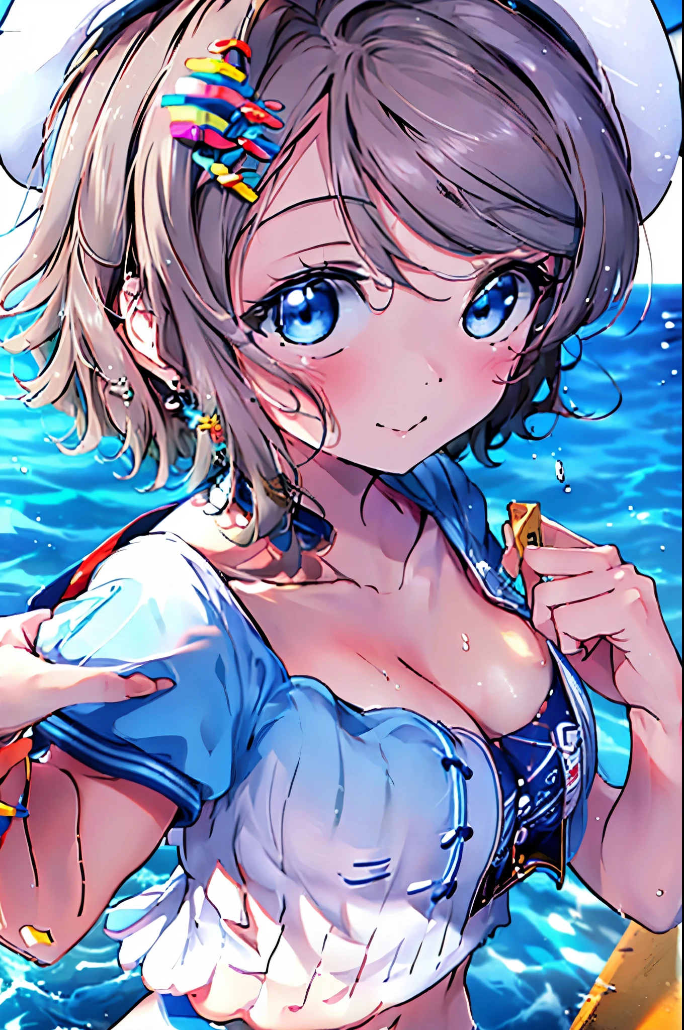 rikosakurauchi, riko sakurauchi, (blue eyes:1.5), hair between eyes, short hair, (light brown hair), (Medium chest:1.2), smile,(((Captain's white uniform))), (((Captain's Cap Ship White))), (clothing details:1.2), Ocean, cloud, Blue sky, smile, Inside a passenger ship,I'm sitting cross-legged in the director's seat.,
break looking at viewer, whole body,
break indoors, Inside a passenger ship,
break (masterpiece:1.2), highest quality, High resolution, unity 8k wallpaper, (figure:0.8), (detailed and beautiful eyes:1.6), highly detailed face, perfect lighting, Very detailed CG, (perfect hands, perfect anatomy),