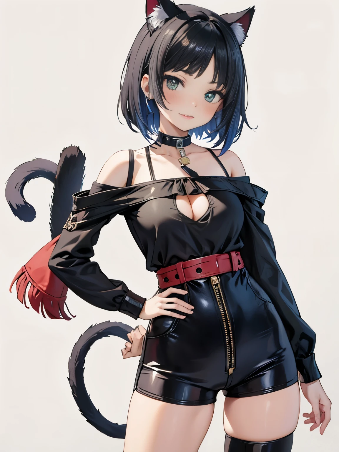woman, 26 years old, kitten pose, cat ears, short hair, perfect hands, perfect fingers, perfect body, sensual cleavage, medium breasts, red shirt, wearing tight black shorts, sexy shorts, vinyl shorts, Ultra HD, image 4k, best image quality, (fidelity: 1.4), photoreal, light green eyes, eyelashes, beautiful pupil, shadows, slight blush, delicate facial features, reasonable facial features, exposed waist, natural poses