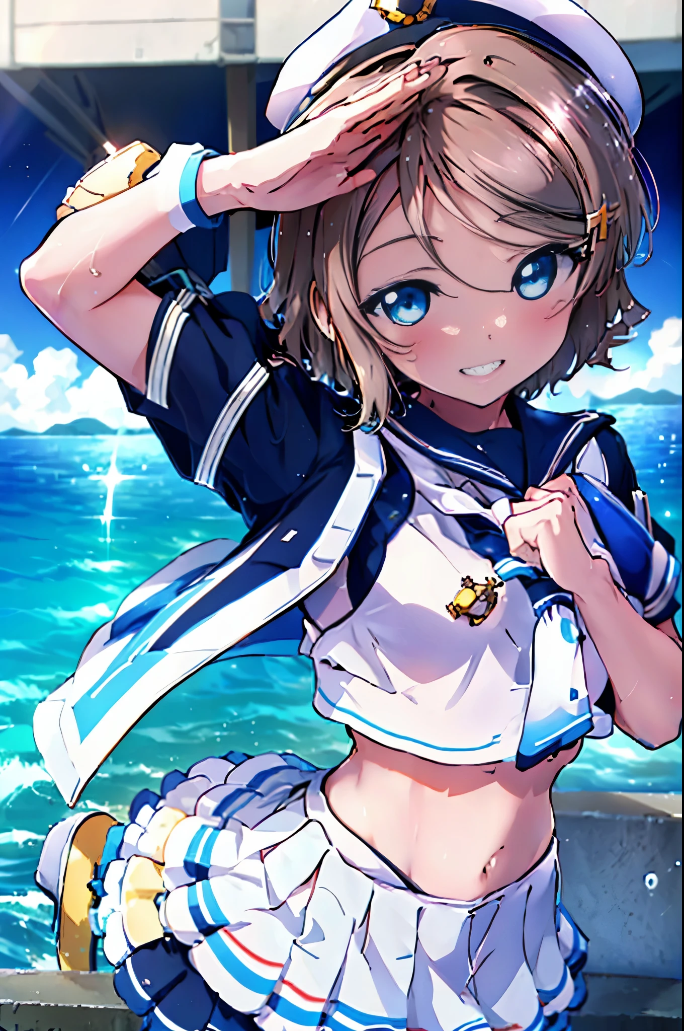 rikosakurauchi, riko sakurauchi, (blue eyes:1.5), hair between eyes, short hair, (light brown hair), (Medium chest:1.2), smile,(((Captain's white uniform))), (((Captain's Cap Ship White))), (clothing details:1.2), Ocean, cloud, Blue sky, smile, Inside a passenger ship,I&#39;m sitting cross-legged in the director&#39;s seat.,
break looking at viewer, whole body,
break indoors, Inside a passenger ship, 
break (masterpiece:1.2), highest quality, High resolution, unity 8k wallpaper, (figure:0.8), (detailed and beautiful eyes:1.6), highly detailed face, perfect lighting, Very detailed CG, (perfect hands, perfect anatomy),