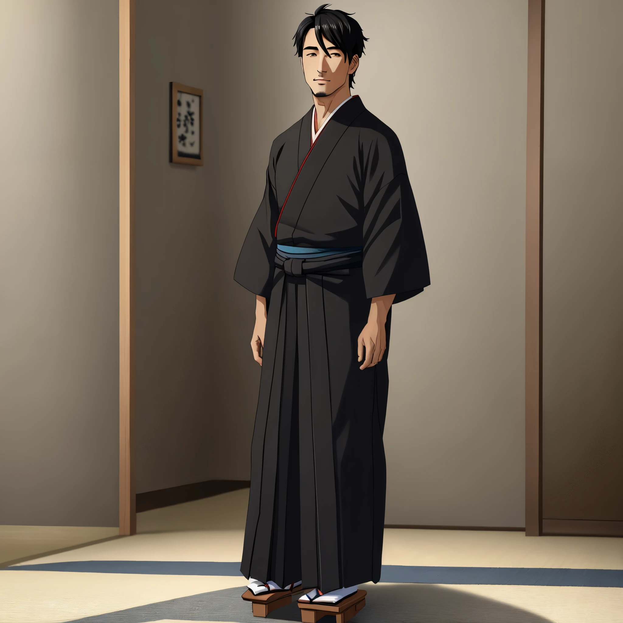  ((highest quality)), ((masterpiece)), (be familiar with), whole body, Are standing, めちゃくちゃbe familiar with, ultra high resolution, super detailed, highest quality, one man, adult male, Japanese, Meiji period, Kimono wear for men, Wearing hakama, Wearing geta, black hair, perfectly symmetrical face, highly detailed eyes, perfect hands, Perfect body balance,