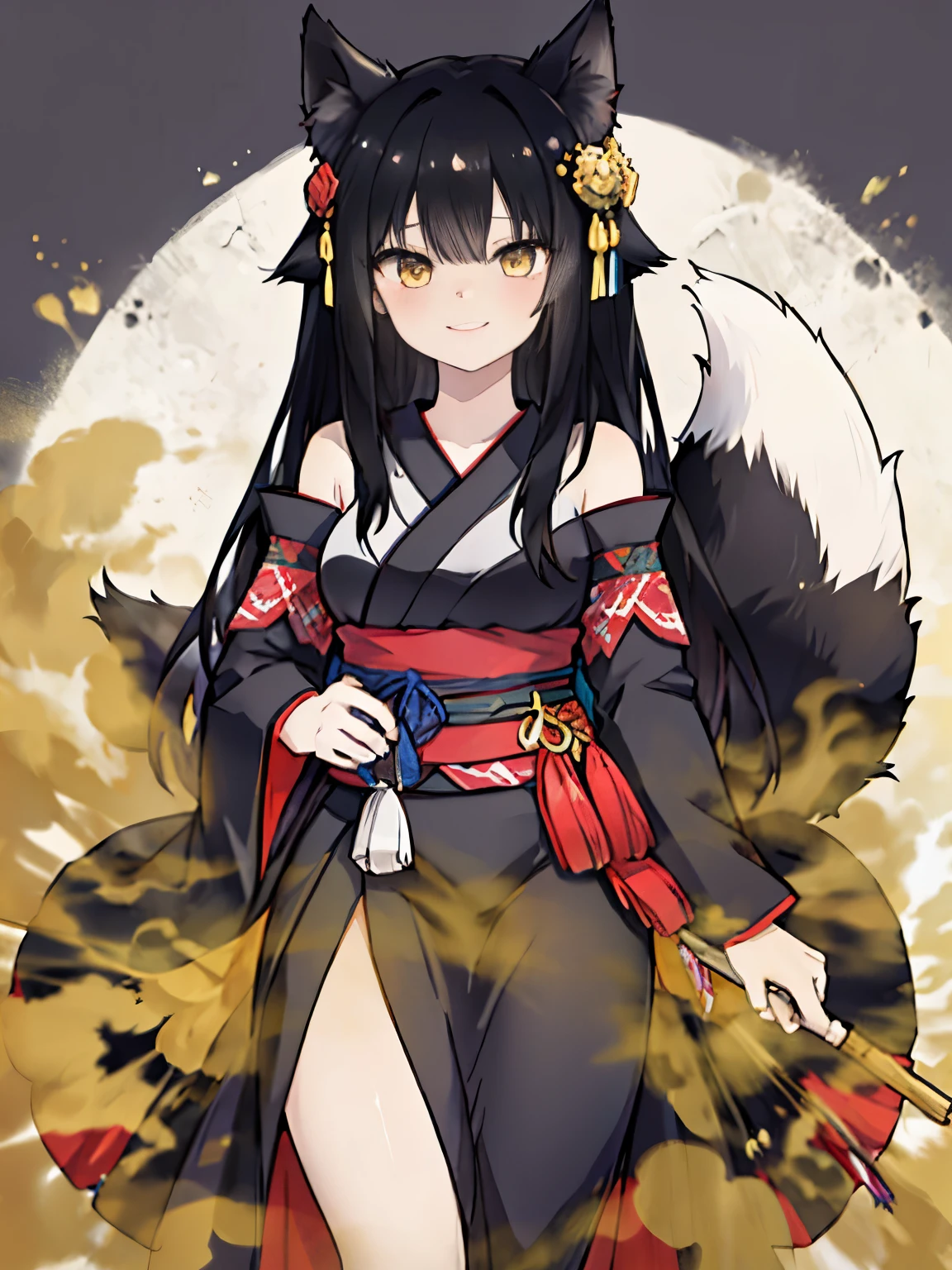 young girl, long black hair, fox ears, yellow eyes, fox tail, open kimono, open shoulders, open chest, smile, masterpiece, high quality