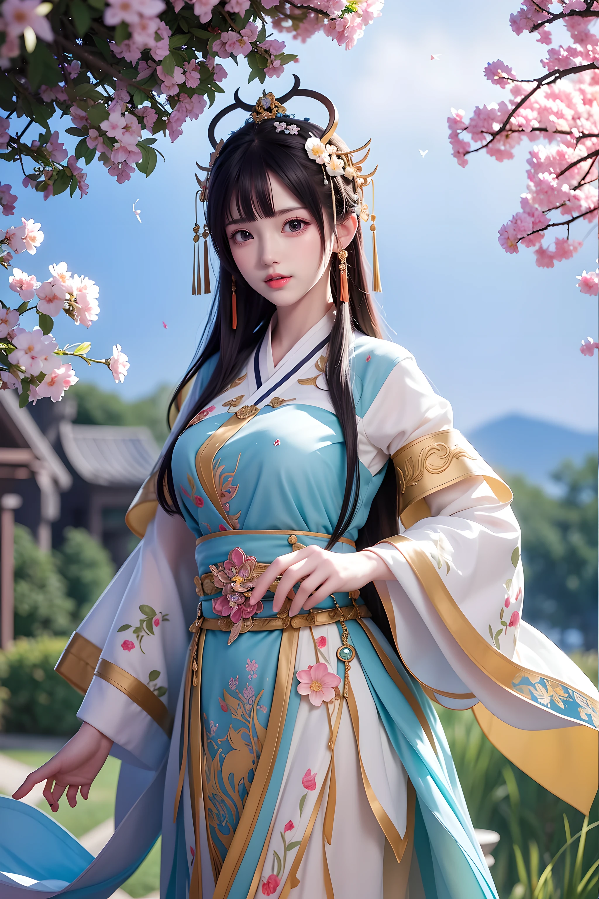 (8k, original photo:1.2), best quality, ultra High resolution,dramatic angle,(Fluttering detail color splash), (illustration),(((1 girl))),(long hair),(rain:0.9), (hat:1.4),There is an ancient palace next to the girl,Hanfu,(focus),color ink painting,(Splash color),Splash color,(((colorful))),(sketch:0.8) , masterpiece, best quality, beautiful painting, High detailed,(Denoise:0.6),[splash ink],((Ink refraction)), (beautiful detailed sky),moon,High,detailed,(masterpiece, best quality, Very detailed） CG unity 8k壁纸，masterpiece，best quality，Super detailed），（lycoris），