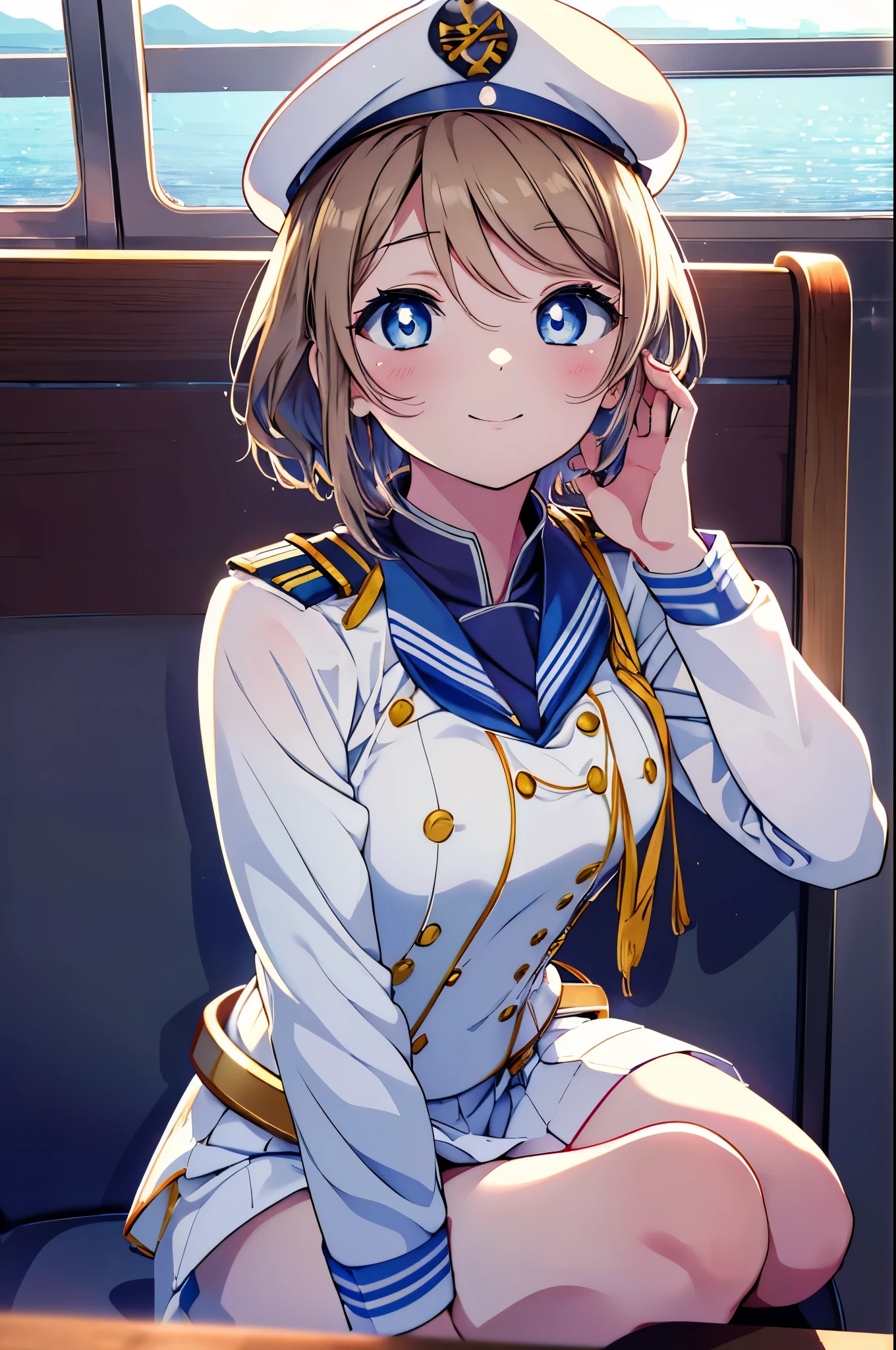 rikosakurauchi, riko sakurauchi, (blue eyes:1.5), hair between eyes, short hair, (light brown hair), (Medium chest:1.2), smile,(((Captain's white uniform))), (((Captain's Cap Ship White))), (clothing details:1.2), Ocean, cloud, Blue sky, smile, Inside a passenger ship,I&#39;m sitting cross-legged in the director&#39;s seat.,
break looking at viewer, whole body,
break indoors, Inside a passenger ship, 
break (masterpiece:1.2), highest quality, High resolution, unity 8k wallpaper, (figure:0.8), (detailed and beautiful eyes:1.6), highly detailed face, perfect lighting, Very detailed CG, (perfect hands, perfect anatomy),