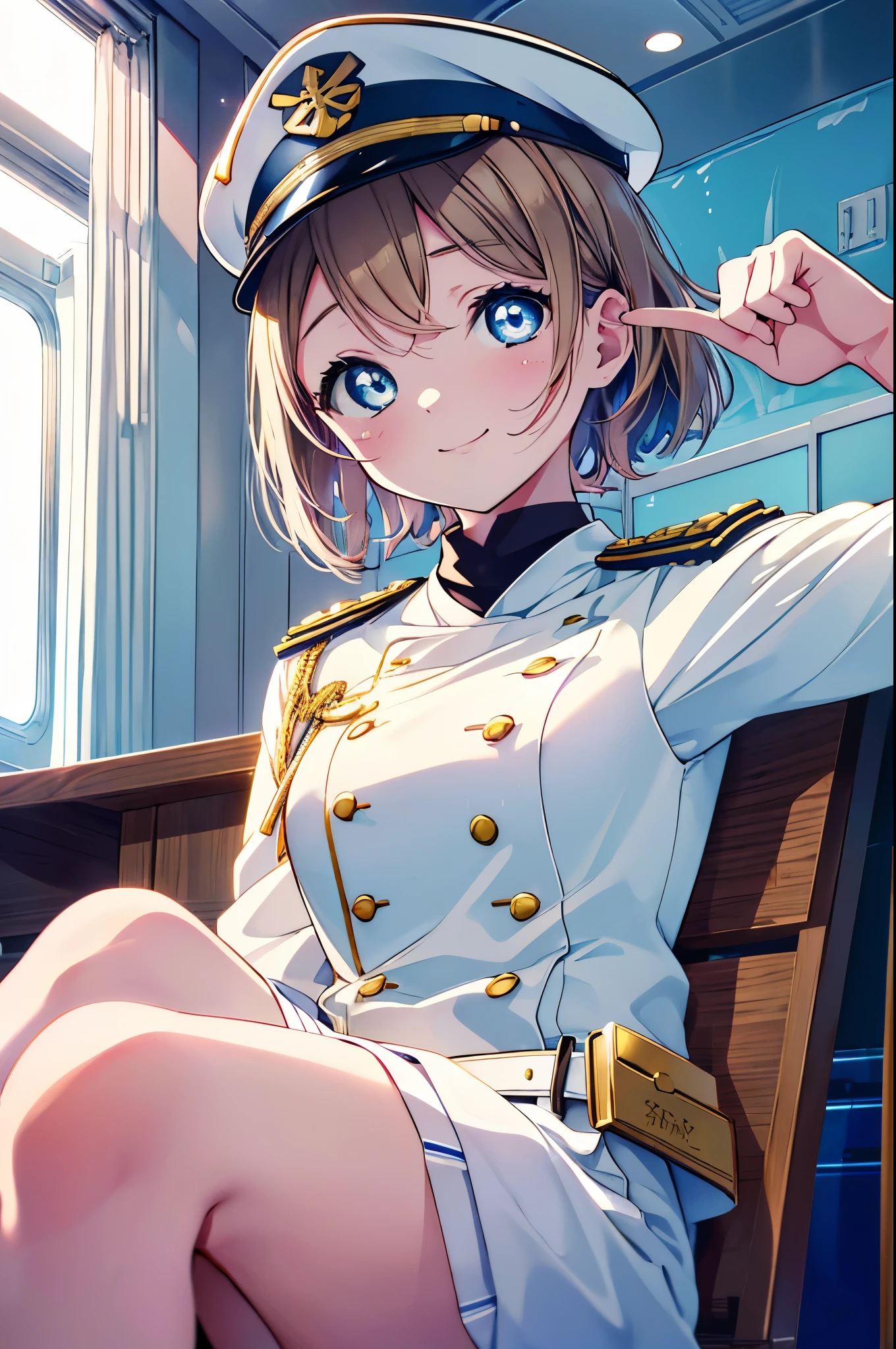 rikosakurauchi, riko sakurauchi, (blue eyes:1.5), hair between eyes, short hair, (light brown hair), (Medium chest:1.2), smile,(((Captain's white uniform))), (((Captain's Cap Ship White))), (clothing details:1.2), Ocean, cloud, Blue sky, smile, Inside a passenger ship,I&#39;m sitting cross-legged in the director&#39;s seat.,
break looking at viewer, whole body,
break indoors, Inside a passenger ship, 
break (masterpiece:1.2), highest quality, High resolution, unity 8k wallpaper, (figure:0.8), (detailed and beautiful eyes:1.6), highly detailed face, perfect lighting, Very detailed CG, (perfect hands, perfect anatomy),