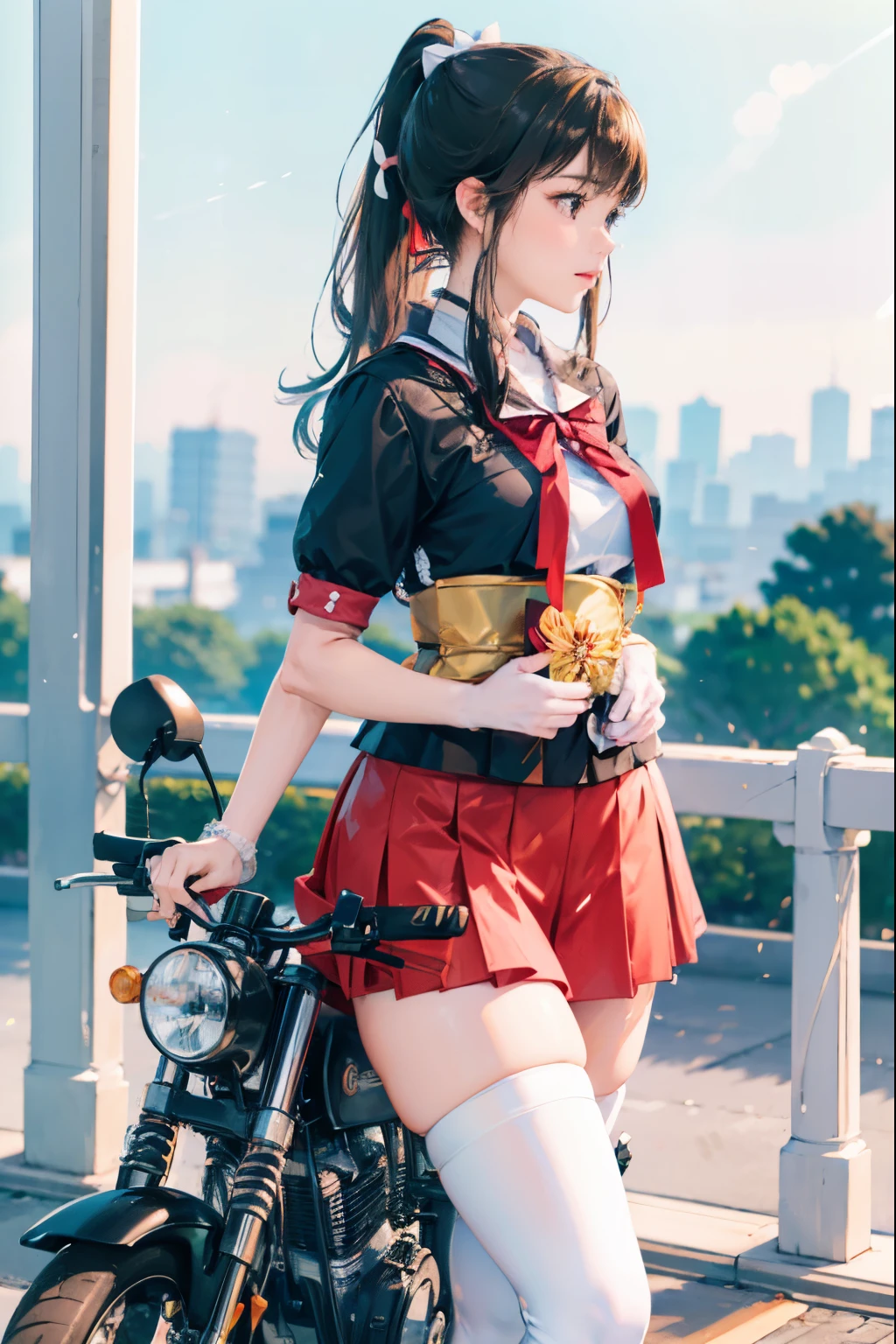Japan riding a bike,mini skirt、white panties、ponytail、beautiful thighs、her knees are up、I can see white pants.、Beautiful panties、beautiful girl、beautiful woman、beautiful woman、lolicon hentai、Beautiful panties、beautiful thighs、beautiful girl、beautiful woman、Happy!!!, , motorcycle,[ realistic pictures ]!!, High resolution,
