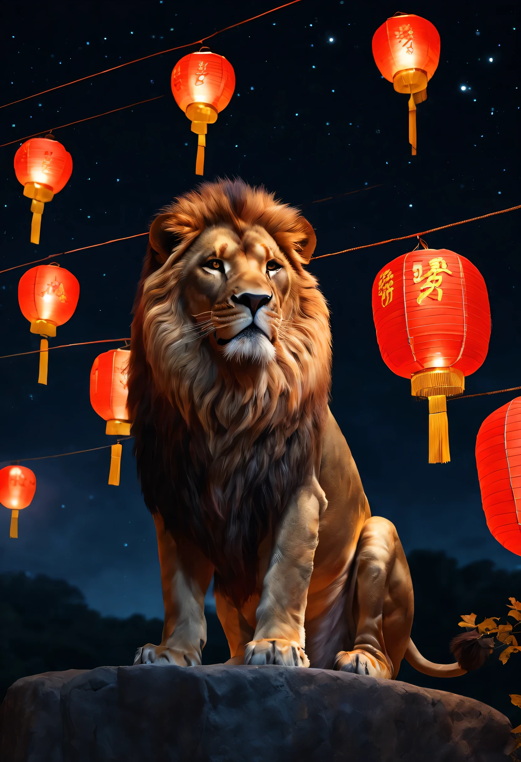 lion,glow effect,night,The mid-range scene is,full body portrait,There are Kongming lanterns in the night sky, Highly detailed and ultra-realistic visuals,OC rendering,Use 70mm-AR
