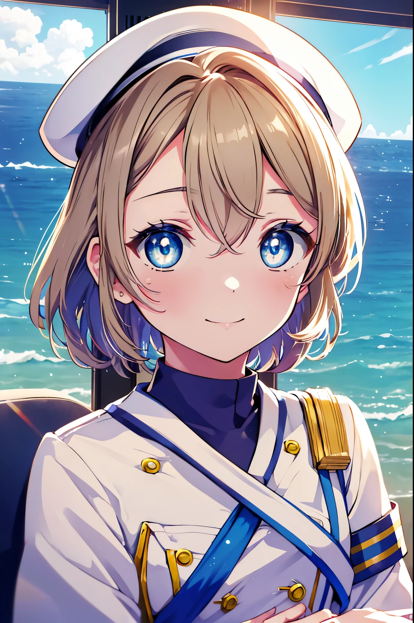 rikosakurauchi, riko sakurauchi, (blue eyes:1.5), hair between eyes, short hair, (light brown hair), (Medium chest:1.2), smile,(((Captain's white uniform))), (((Captain's Cap Ship White))), (clothing details:1.2), Ocean, cloud, Blue sky, smile, Inside a passenger ship,I&#39;m sitting cross-legged in the director&#39;s seat.,
break looking at viewer, whole body,
break indoors, Inside a passenger ship, 
break (masterpiece:1.2), highest quality, High resolution, unity 8k wallpaper, (figure:0.8), (detailed and beautiful eyes:1.6), highly detailed face, perfect lighting, Very detailed CG, (perfect hands, perfect anatomy),