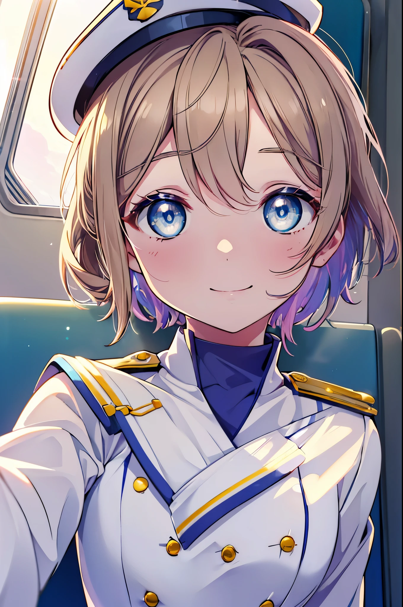 rikosakurauchi, riko sakurauchi, (blue eyes:1.5), hair between eyes, short hair, (light brown hair), (Medium chest:1.2), smile,(((Captain's white uniform))), (((Captain's Cap Ship White))), (clothing details:1.2), Ocean, cloud, Blue sky, smile, Inside a passenger ship,I'm sitting cross-legged in the director's seat.,
break looking at viewer, whole body,
break indoors, Inside a passenger ship,
break (masterpiece:1.2), highest quality, High resolution, unity 8k wallpaper, (figure:0.8), (detailed and beautiful eyes:1.6), highly detailed face, perfect lighting, Very detailed CG, (perfect hands, perfect anatomy),