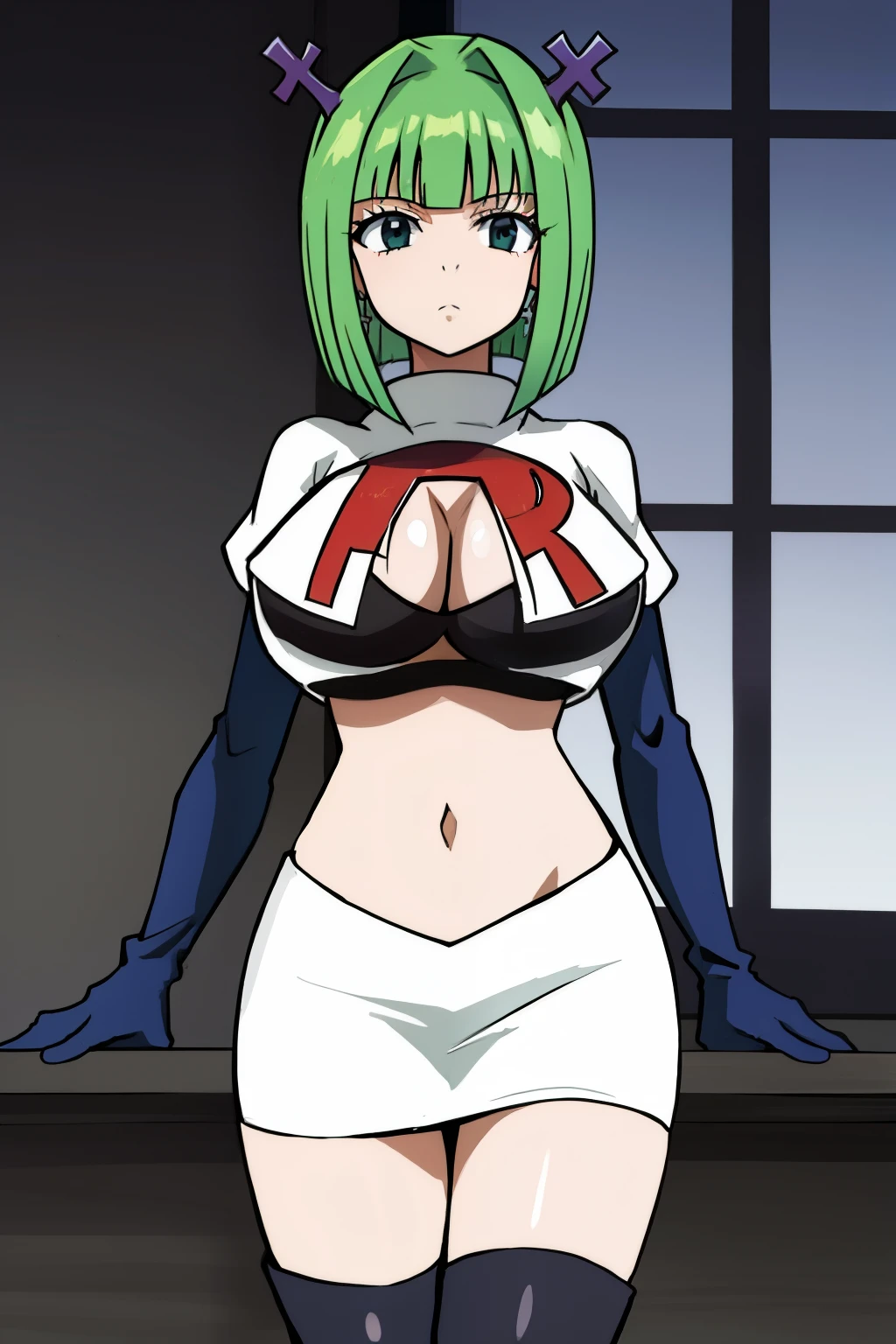 brandish, 1girl, solo, looking at viewer, simple background, , anime coloring, team rocket,team rocket uniform,white skirt,red letter R,crop top,black thigh-highs,black elbow gloves,
