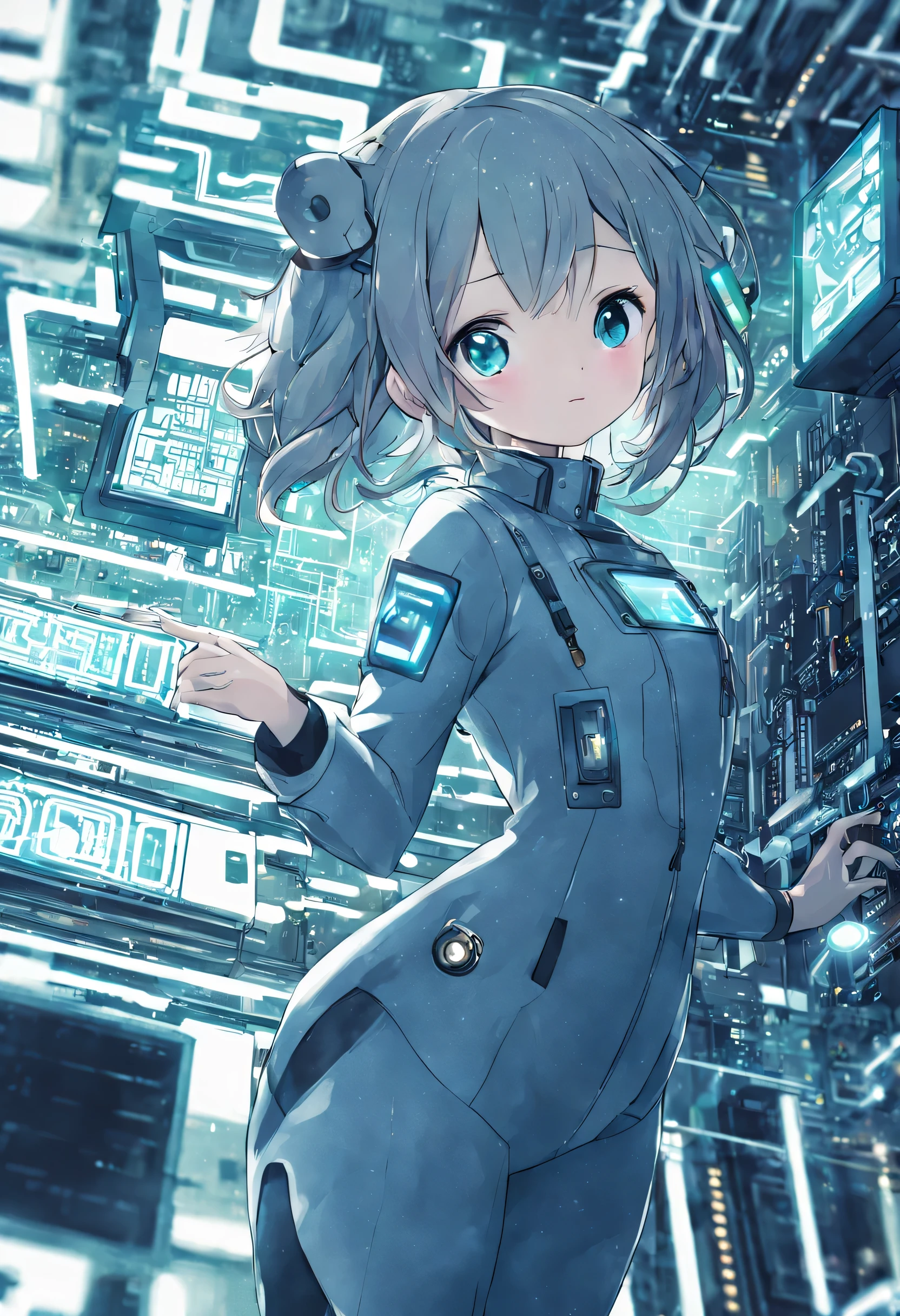 masterpiece, highest quality, 1 girl, 10 years, computer, electronic circuit, delicate electronic circuit, pretty girl, futuristic suit, 