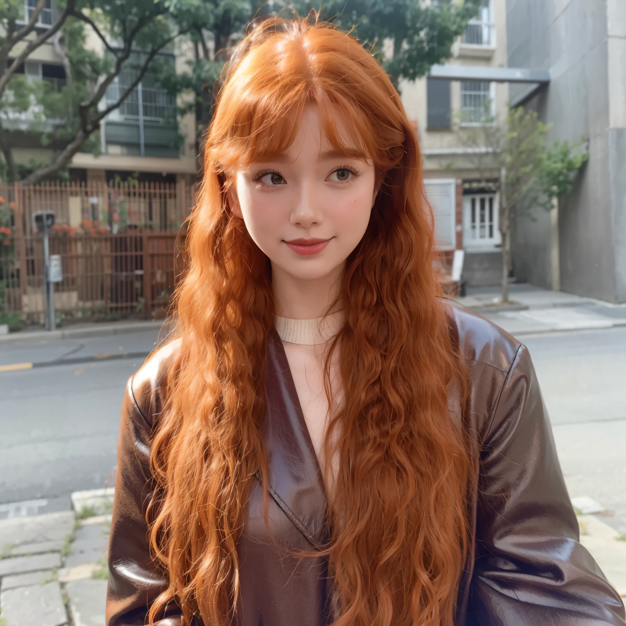 A woman with long red hair is standing on the street, ginger curly hair, copper curly hair, red curly hair, 橘色Long curly hair, red long curly hair, She has long hair that has been re-dyed orange, Very long fiery red wavy hair, Long curly hair, she has long orange brown hair, Long hair with bangs, Long hair with bangs
