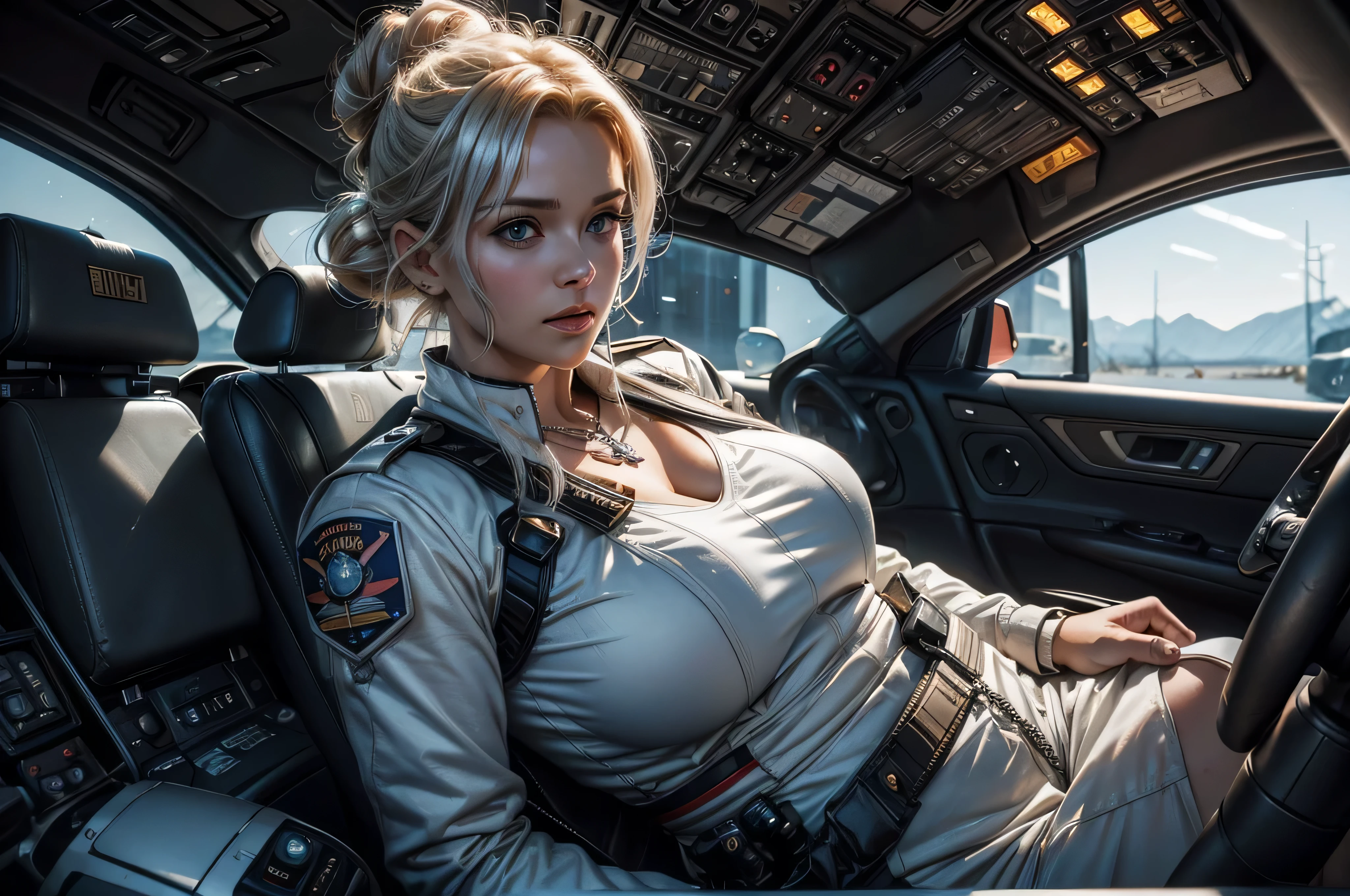 beautiful american milf with blonde hair, fighter pilot, detail face, she have a very bright eyes, realistic face, detail face, realistic skin, skin pore, vibrant, dramatic lighting, 8k resolution picture, high detail on the photo, very realistic picture, dramatic lighting, fullbody, depth, shadow, dramatic shadow, one of a kind photo, sharp photo, sharpness on the detail, looking at the camera, half body view, (((Best Quality, masutepiece: 1.3)), long hair, ultra high res. photorealistic:.1.4, cinematic lighting, bloom, film grain, Fujicolor, high quality, masterpiece, 8K, UHD, UHD, retina, textured skin, super detail, high details, highres, 16k resolution, award winning, high quality, high details, super detail, messy bun hair, 54 years old, necklace, chubby, fat, she is in gundam cockpit, using silver suit, half worn silver suit, no finger shown